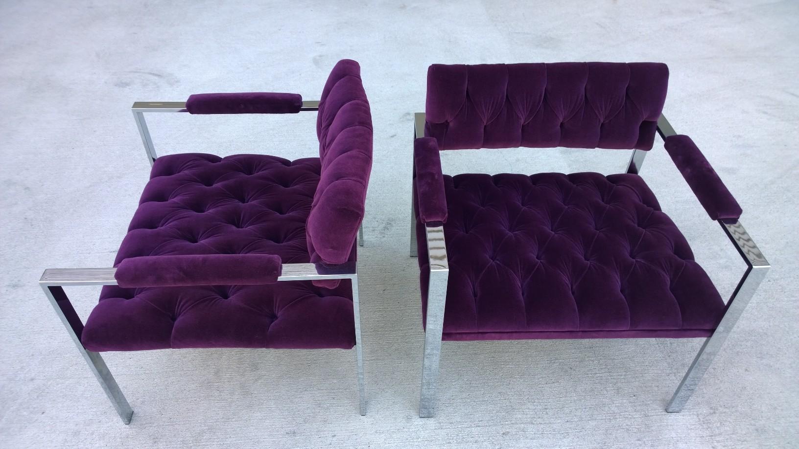 Polished Pair of Erwin-Lambeth Chrome and New Deep Purple Velvet Tufted Arm Lounge Chairs For Sale