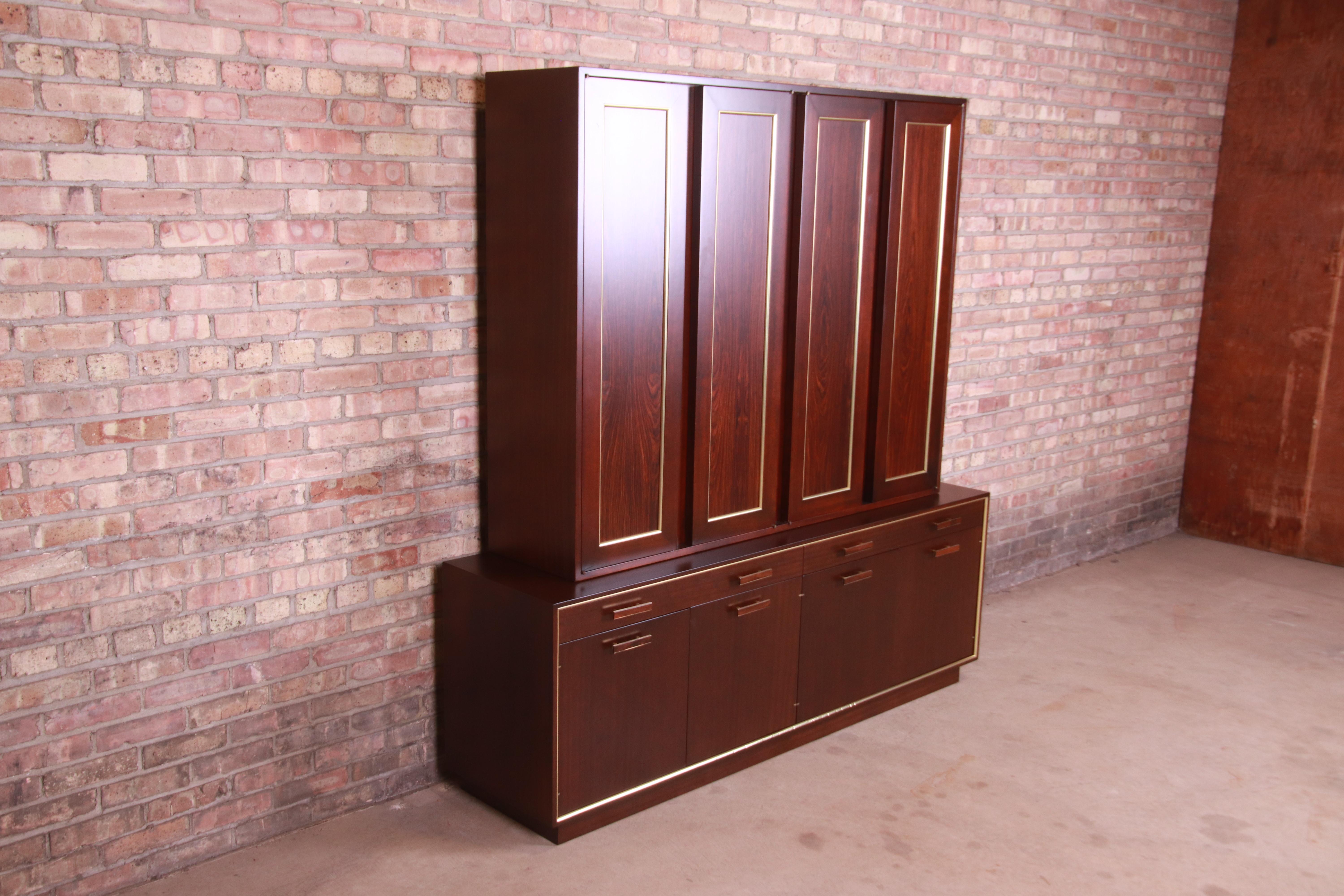 American Harvey Probber Rosewood and Brass Breakfront Bookcase or Bar Cabinet, Refinished For Sale