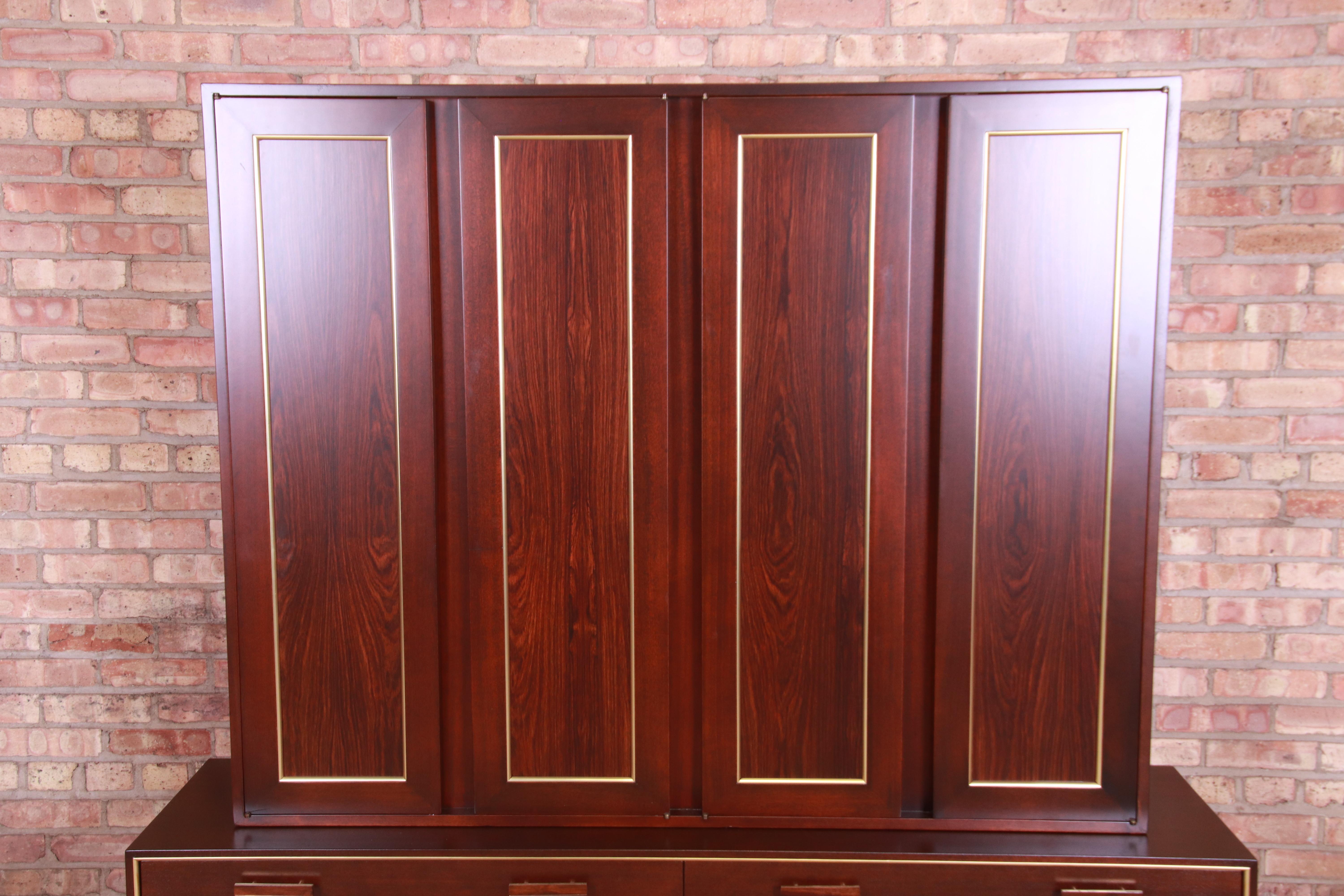 Harvey Probber Rosewood and Brass Breakfront Bookcase or Bar Cabinet, Refinished In Good Condition For Sale In South Bend, IN