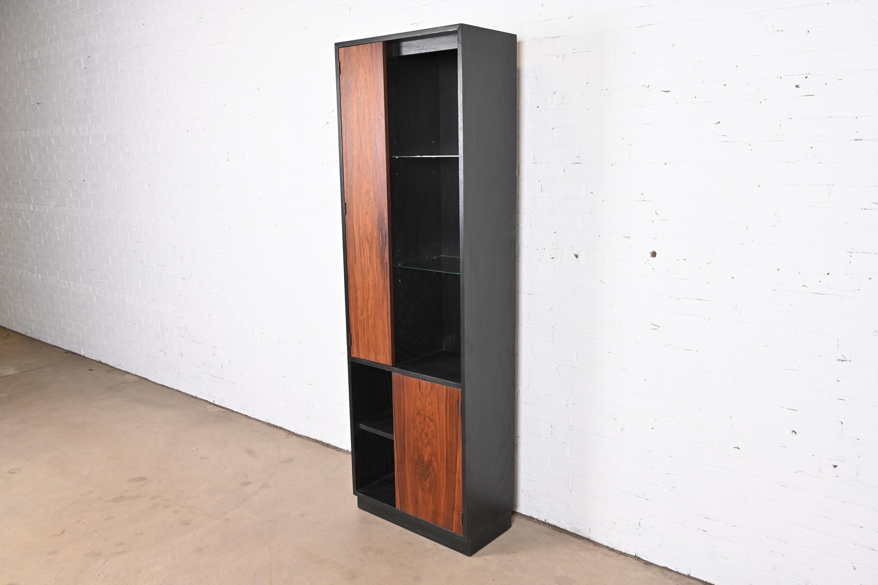 American Harvey Probber Rosewood and Ebonized Wood Lighted Bookcase or Display Cabinet