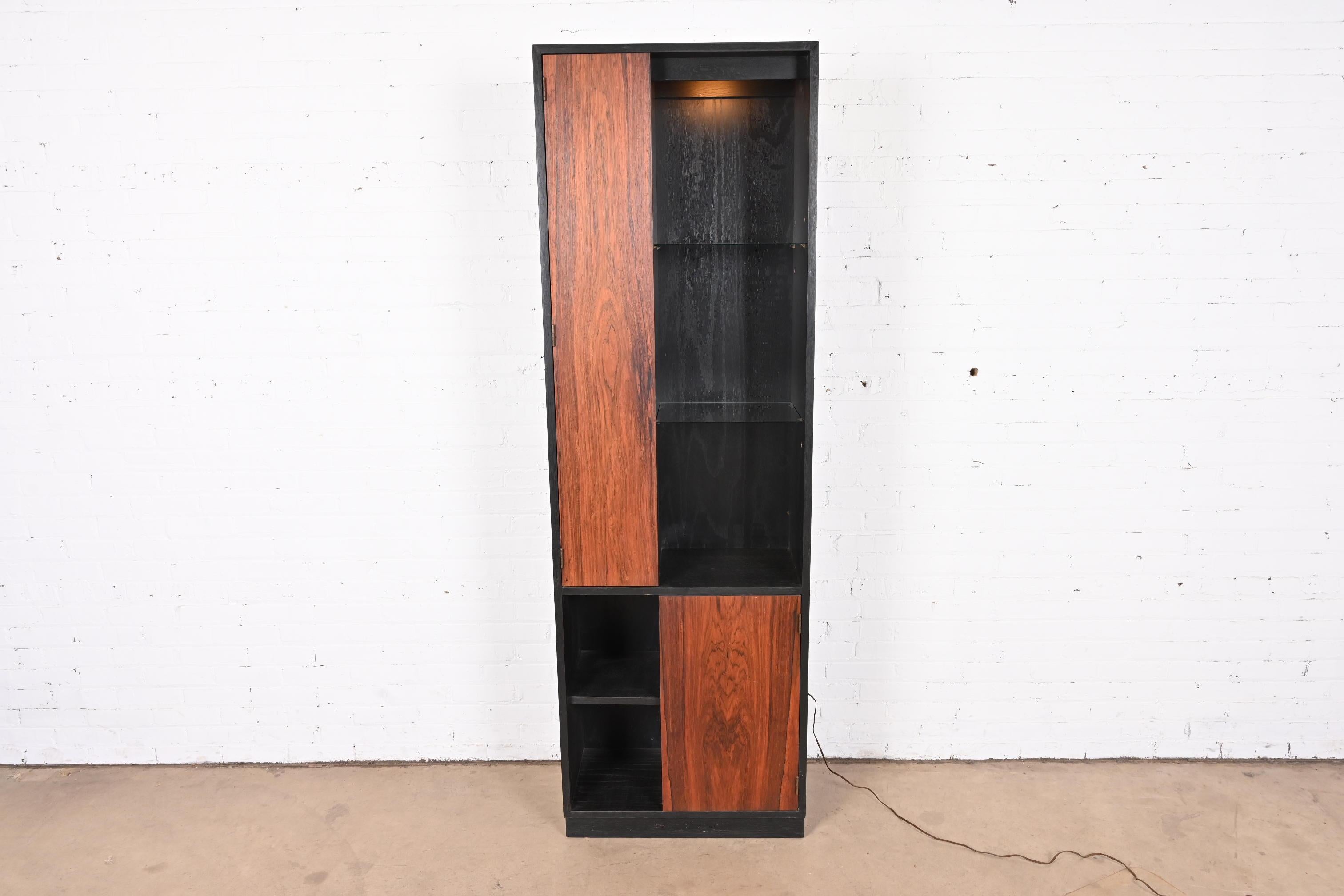 Oak Harvey Probber Rosewood and Ebonized Wood Lighted Bookcase or Display Cabinet