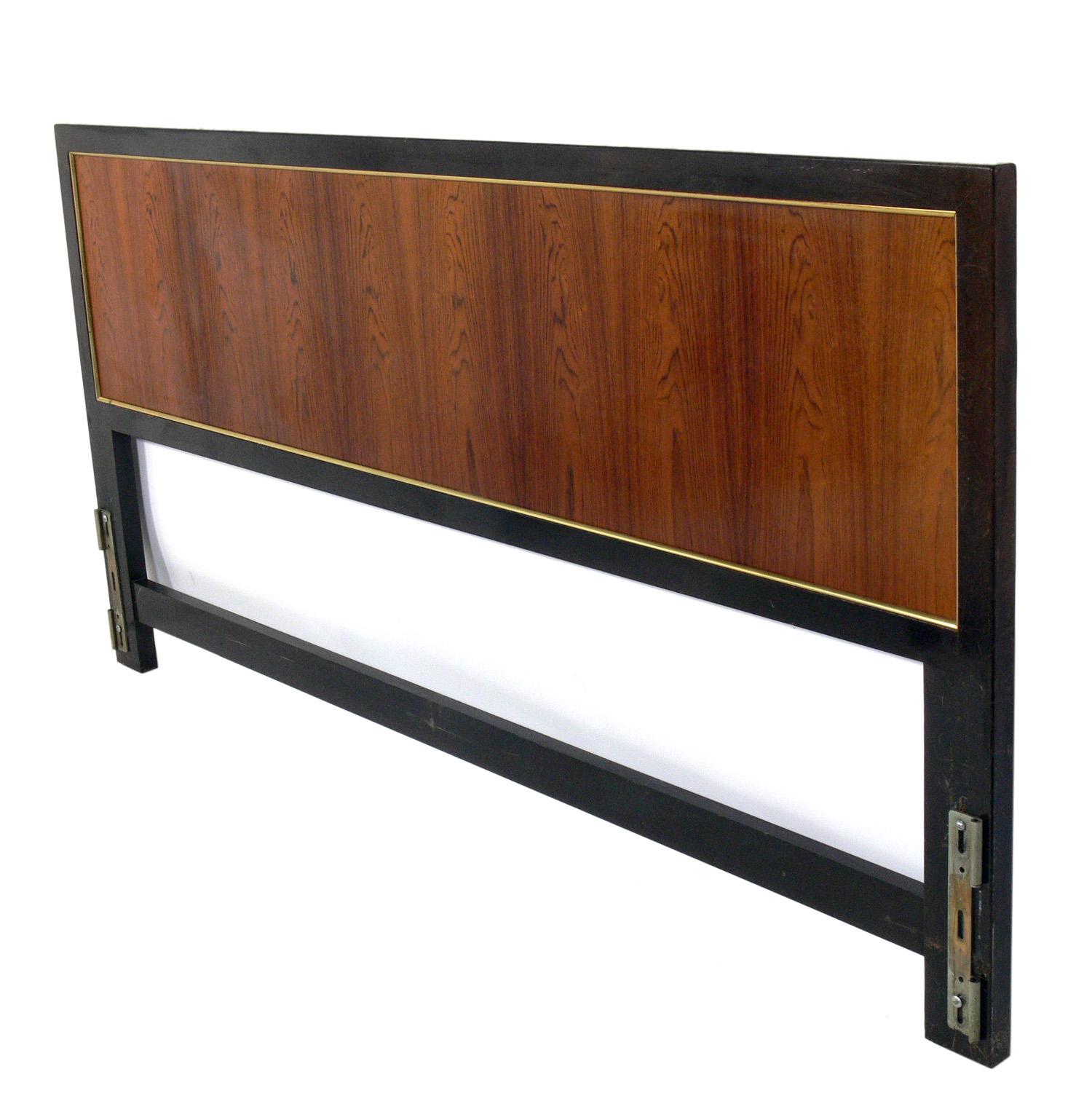 Clean lined rosewood and mahogany headboard, designed by Harvey Probber, American, circa 1960s. This headboard is for a king size bed and will attach to most standard bed frames(not included). This piece is being refinished and will look incredible