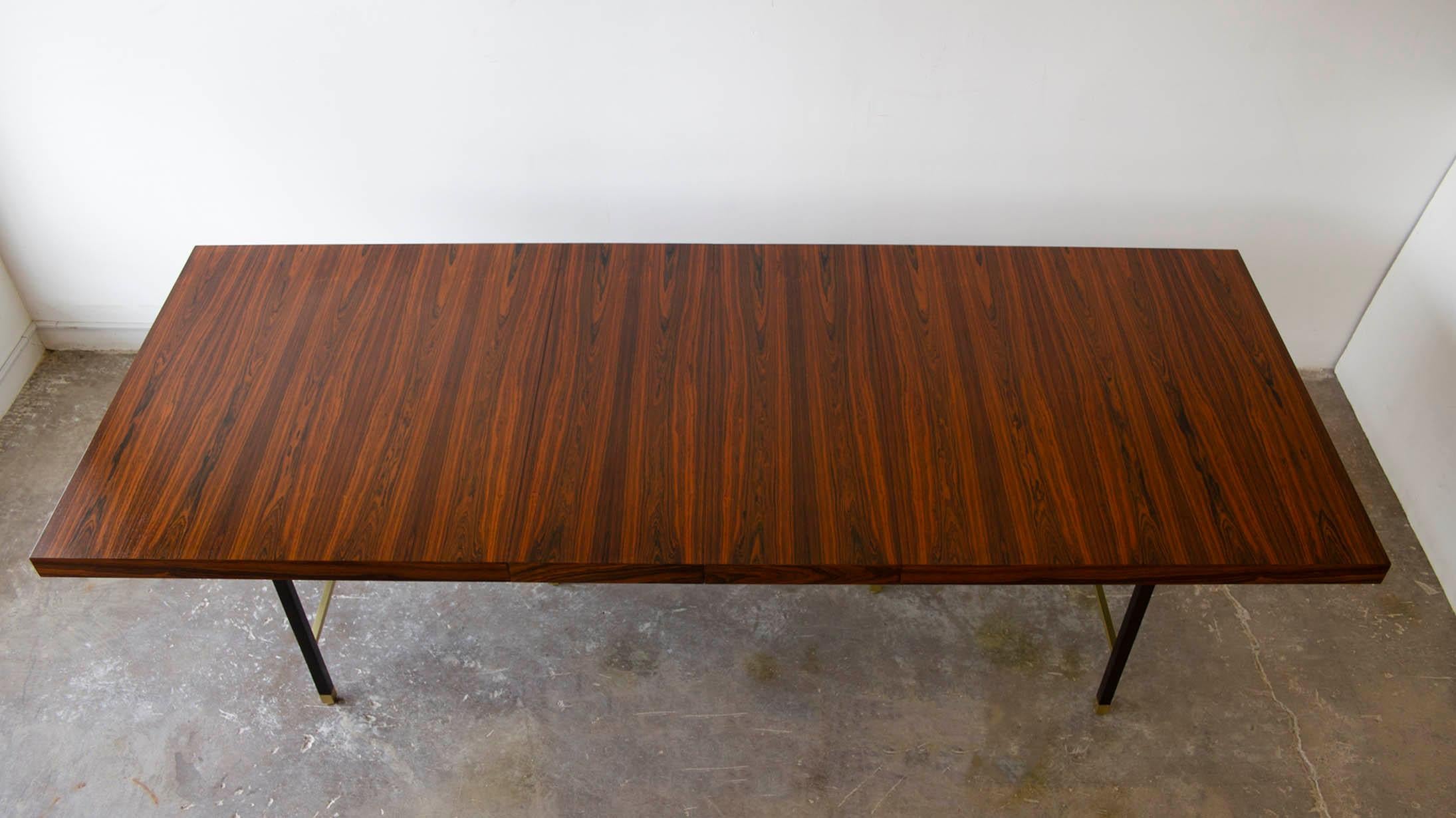 American Harvey Probber Rosewood Dining Table with Extensions and Solid Brass Runners