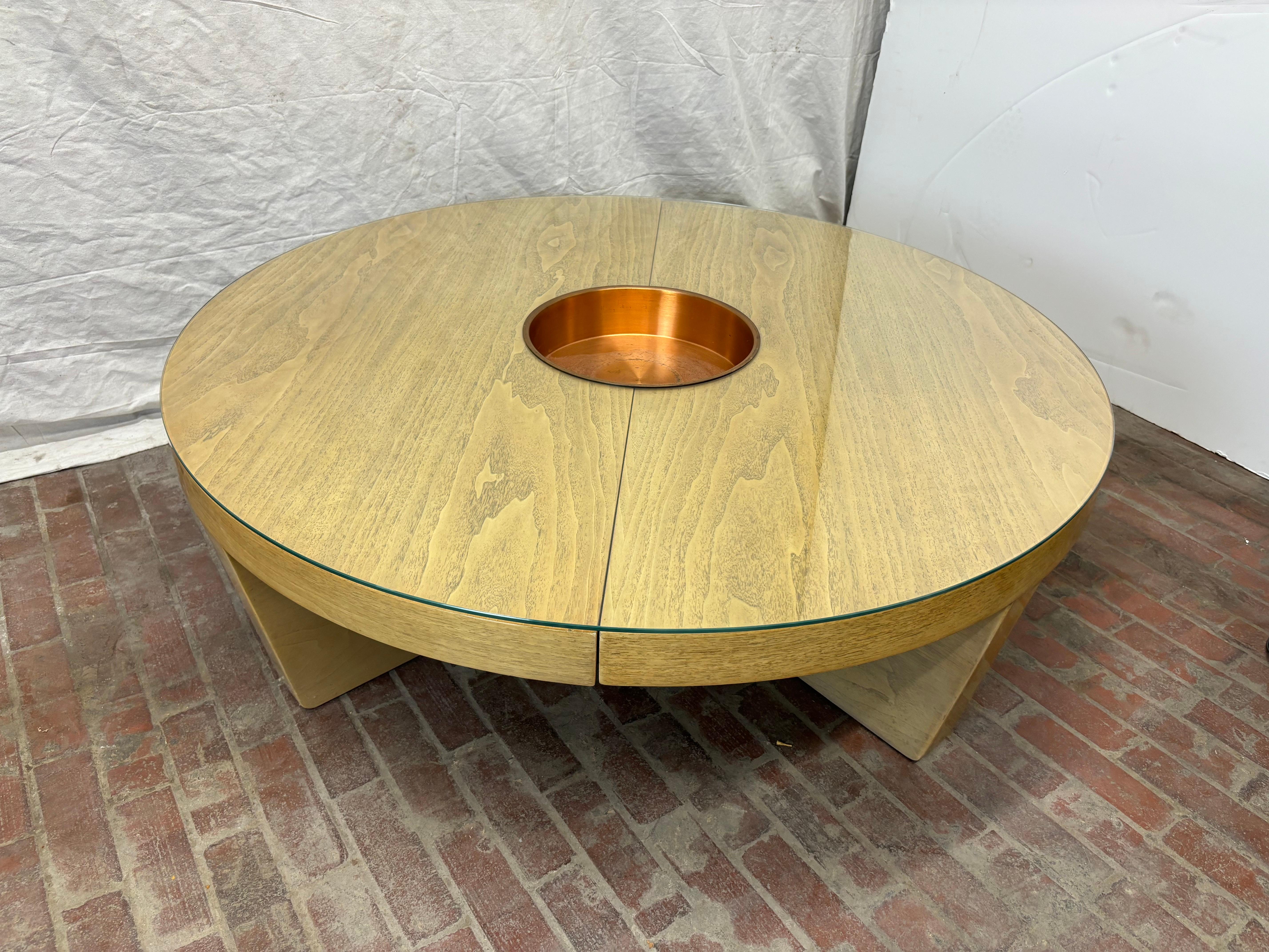 Harvey Probber Round Bleached Mahogany Coffee Table.  Refinished about 15 years ago and always under glass!  Table still retains its original Copper Center Tray!  Table can be set up in a large 