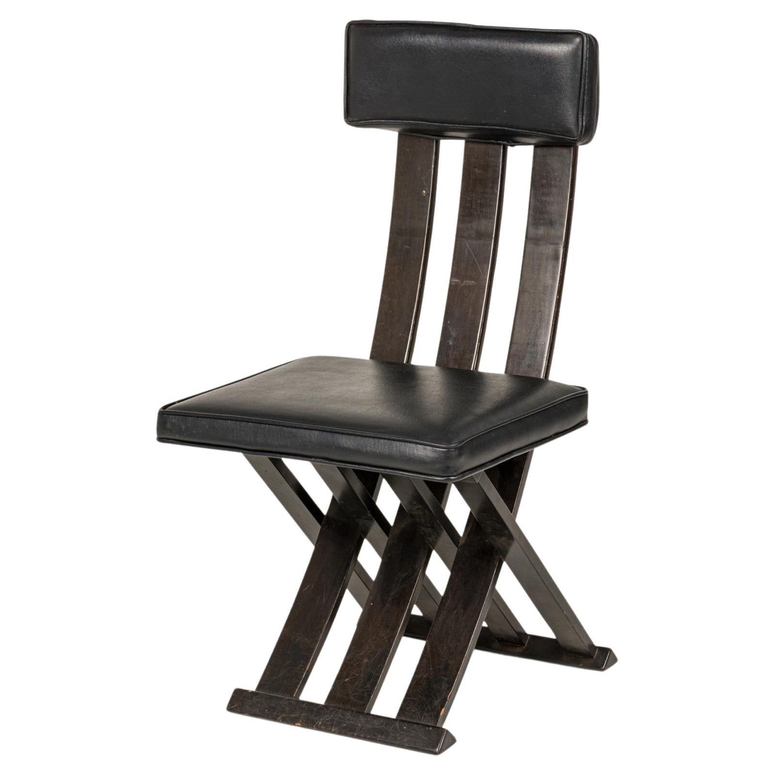 Harvey Probber Scissor Form Ebonized Wood and Black Leather Side Chair For Sale