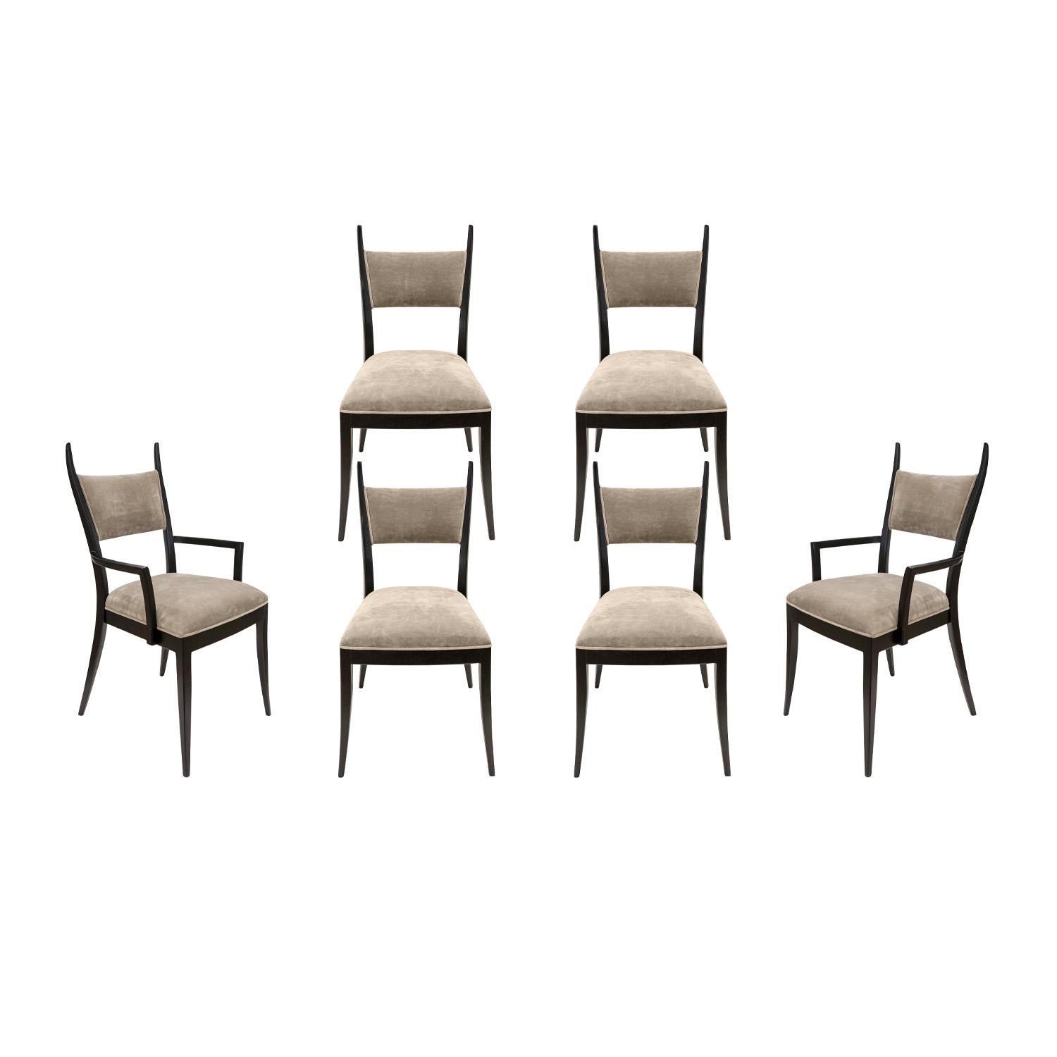 Set of 6 sculptural dining chairs, 2 arm chairs and 4 sides, models 1048 & 1048A, in ebonized mahogany with upholstered seats and back by Harvey Probber, American 1950's. This is an iconic Harvey Probber design. Refinished and reupholstered in a