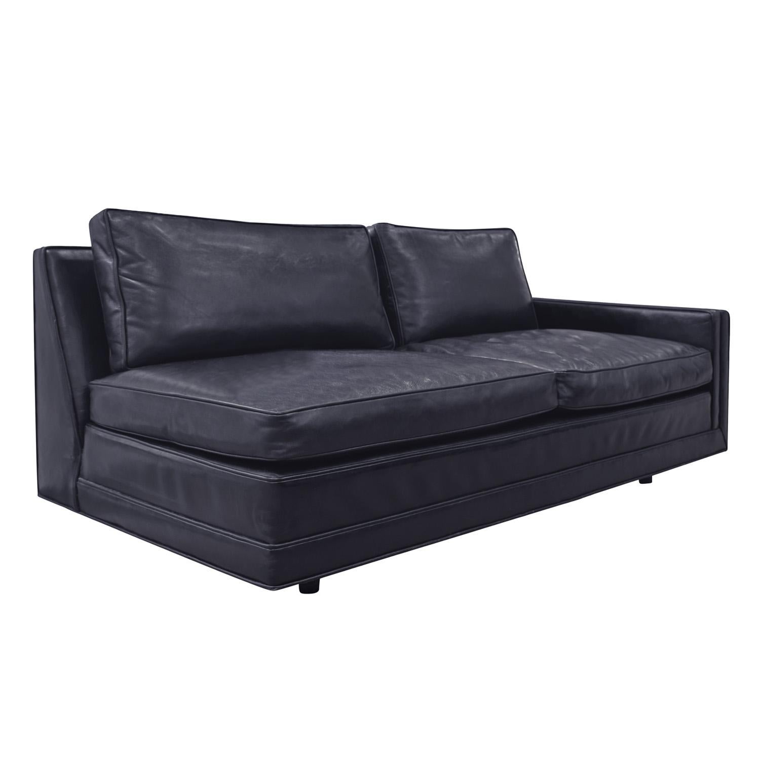 American Harvey Probber Sectional Sofa in Black Leather with Mahogany Legs 1950s 'signed'