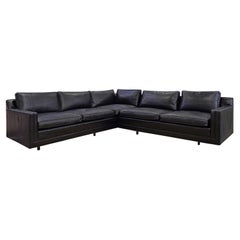 Harvey Probber Sectional Sofa in Black Leather with Mahogany Legs 1950s 'signed'