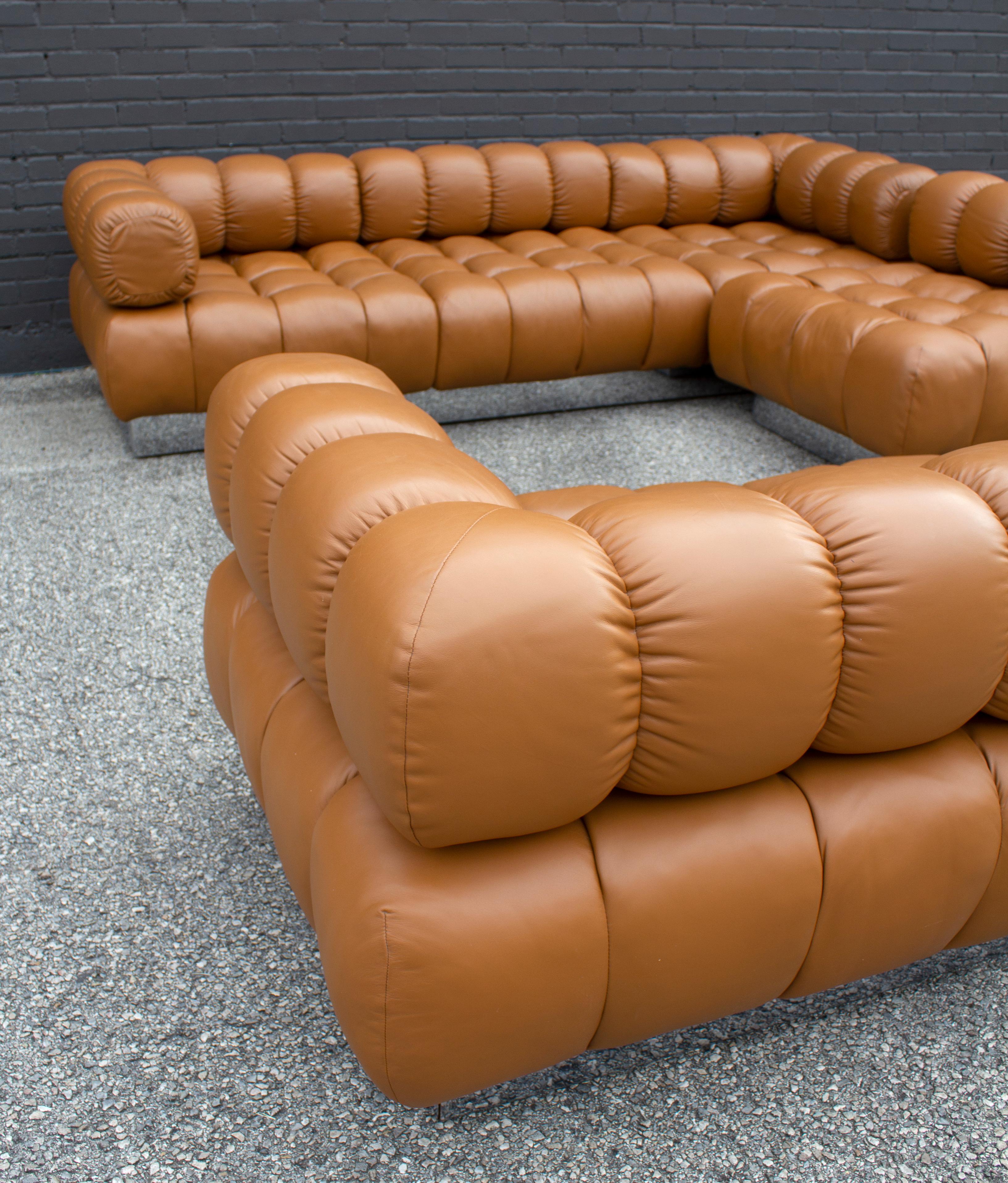 Harvey Probber Sectional Sofa in Cognac Leather 1970s Modular Deep Tuft Series 3