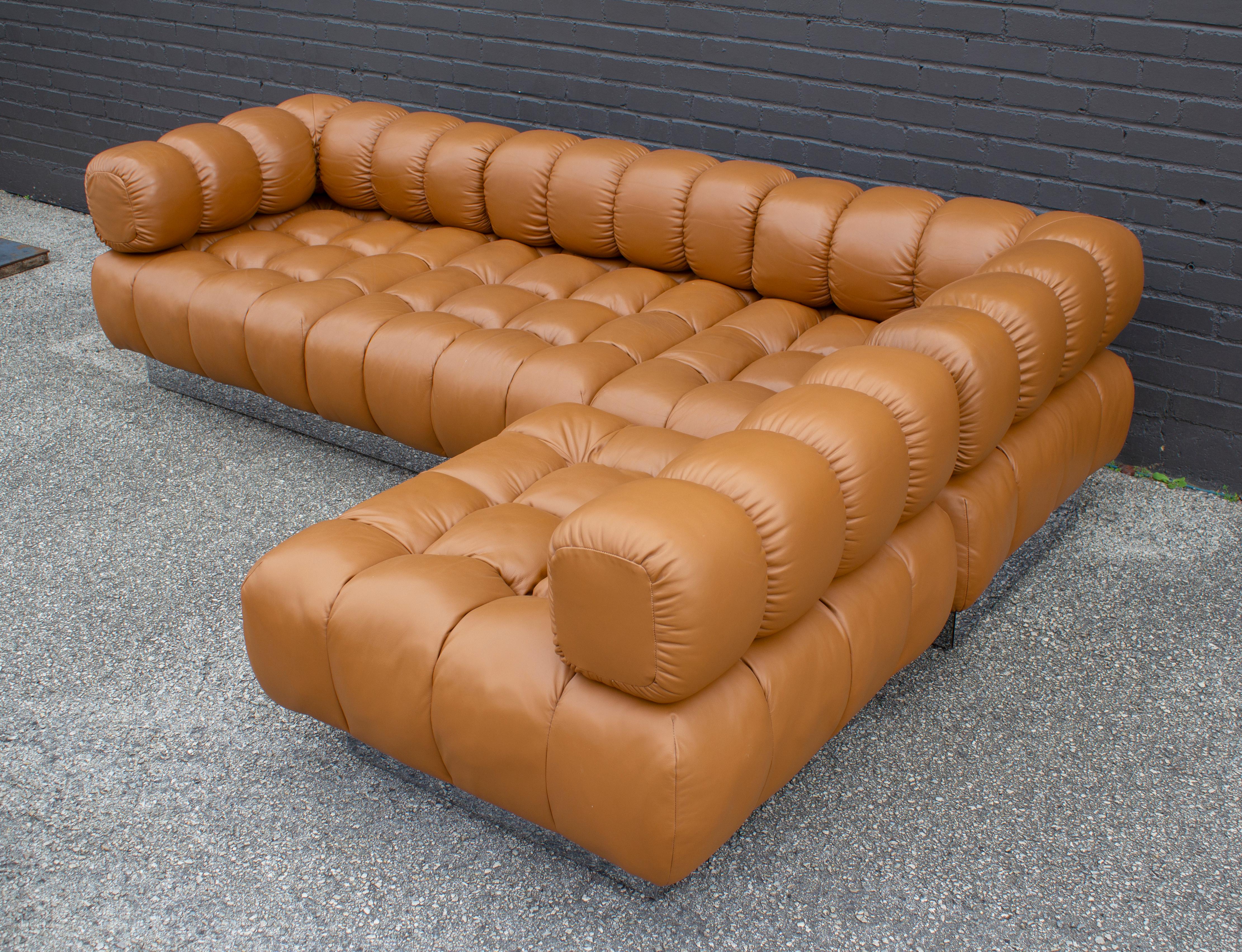 Harvey Probber Sectional Sofa in Cognac Leather 1970s Modular Deep Tuft Series 4