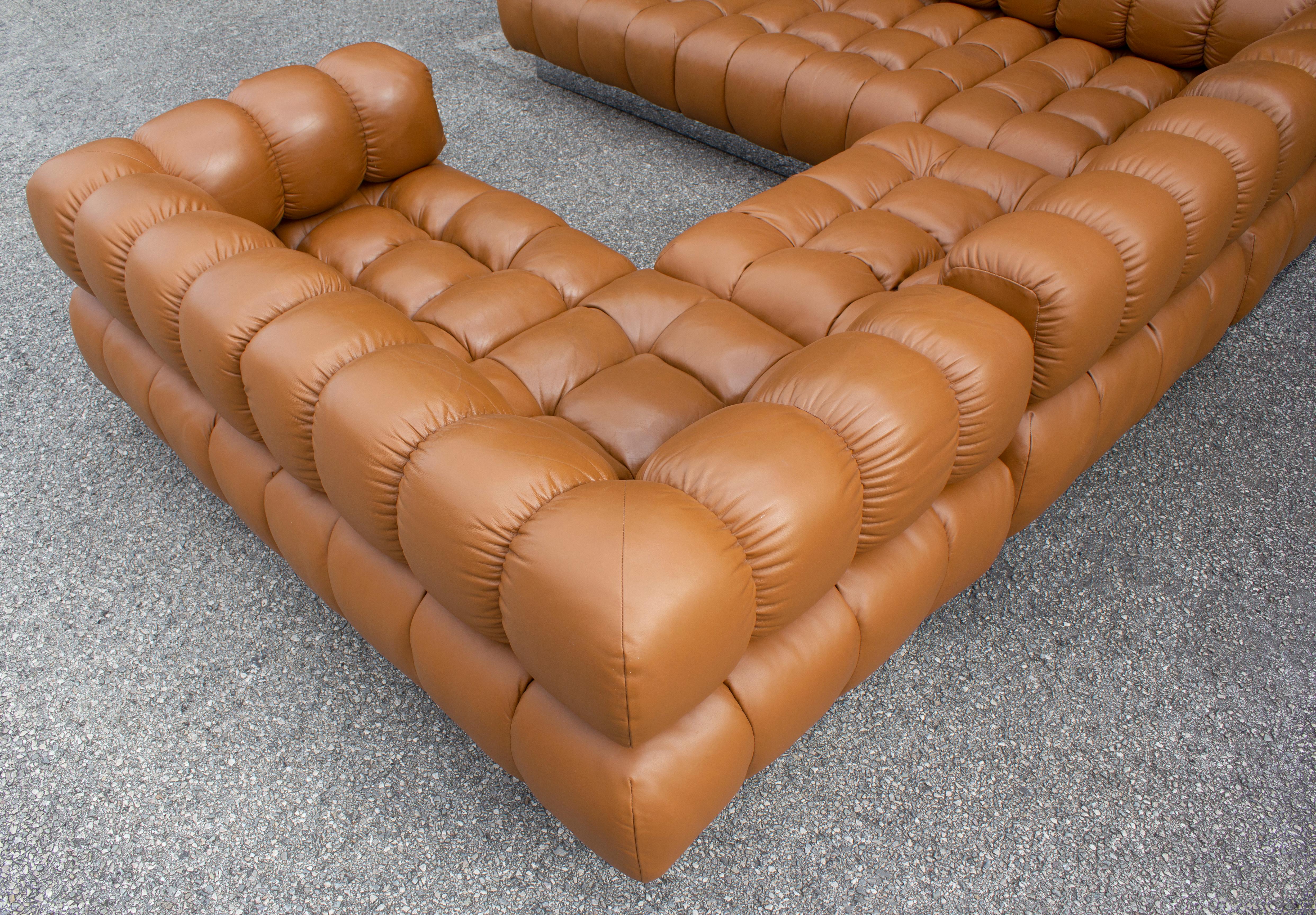 Harvey Probber Sectional Sofa in Cognac Leather 1970s Modular Deep Tuft Series 5