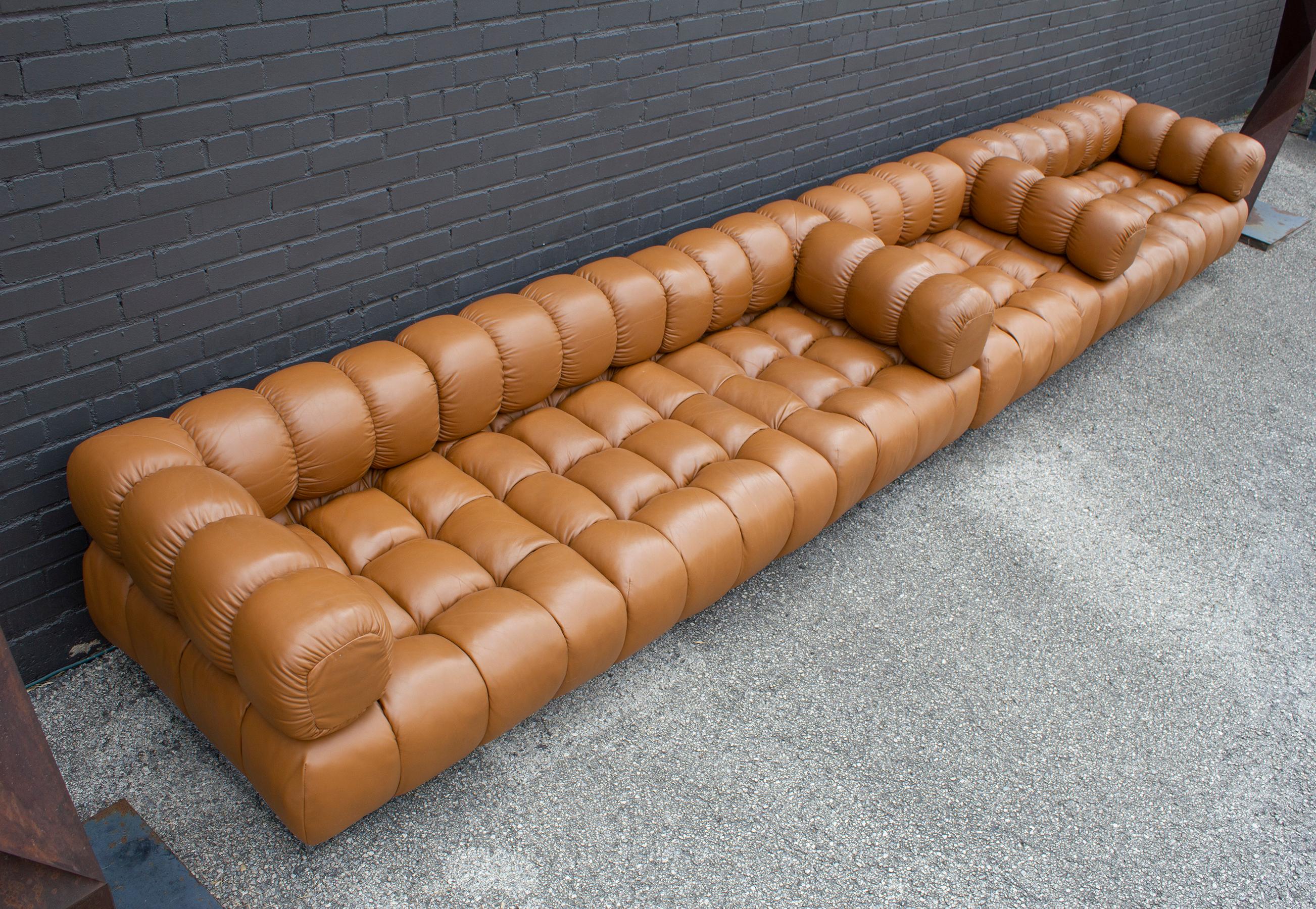 American Harvey Probber Sectional Sofa in Cognac Leather 1970s Modular Deep Tuft Series