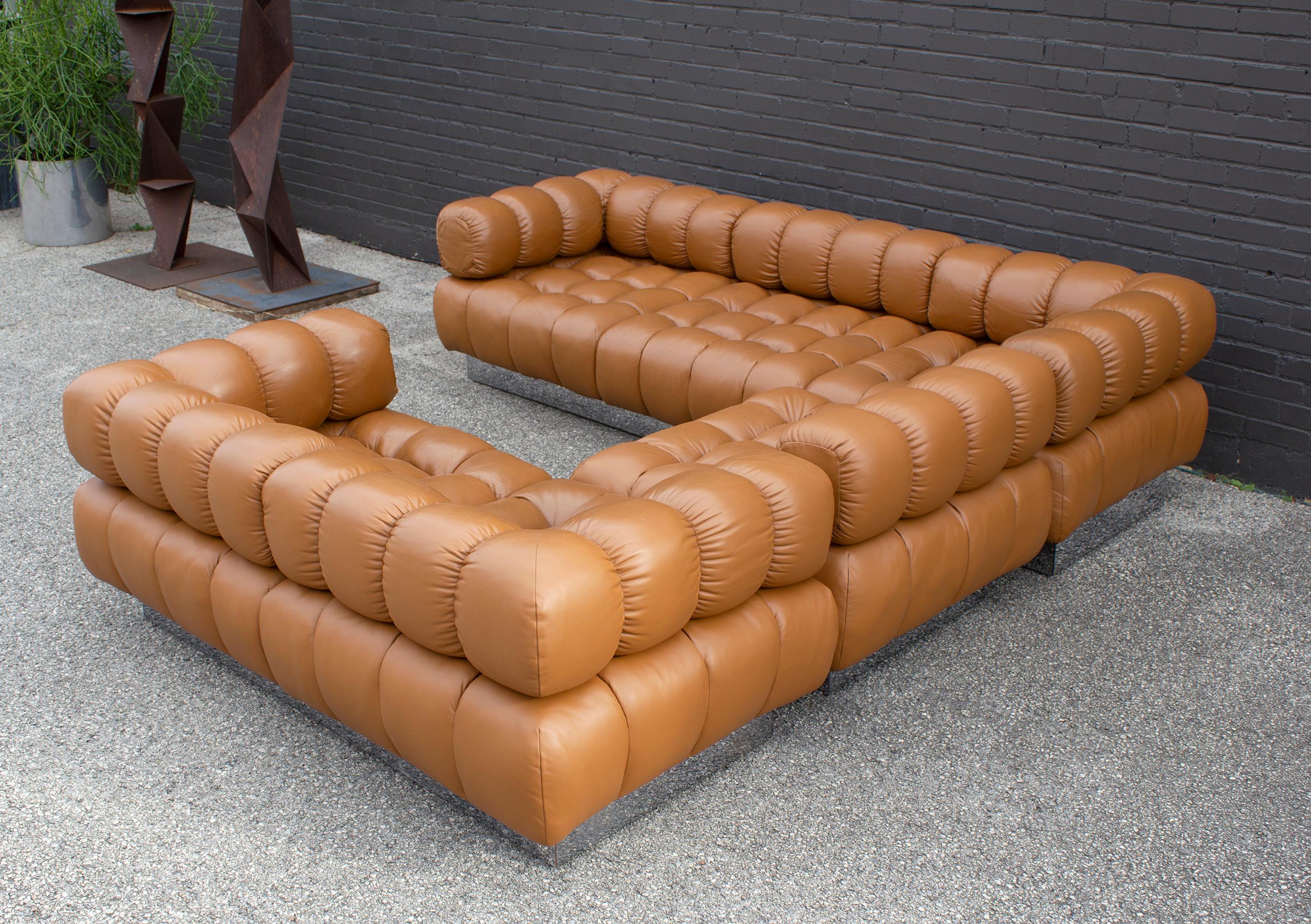 20th Century Harvey Probber Sectional Sofa in Cognac Leather 1970s Modular Deep Tuft Series
