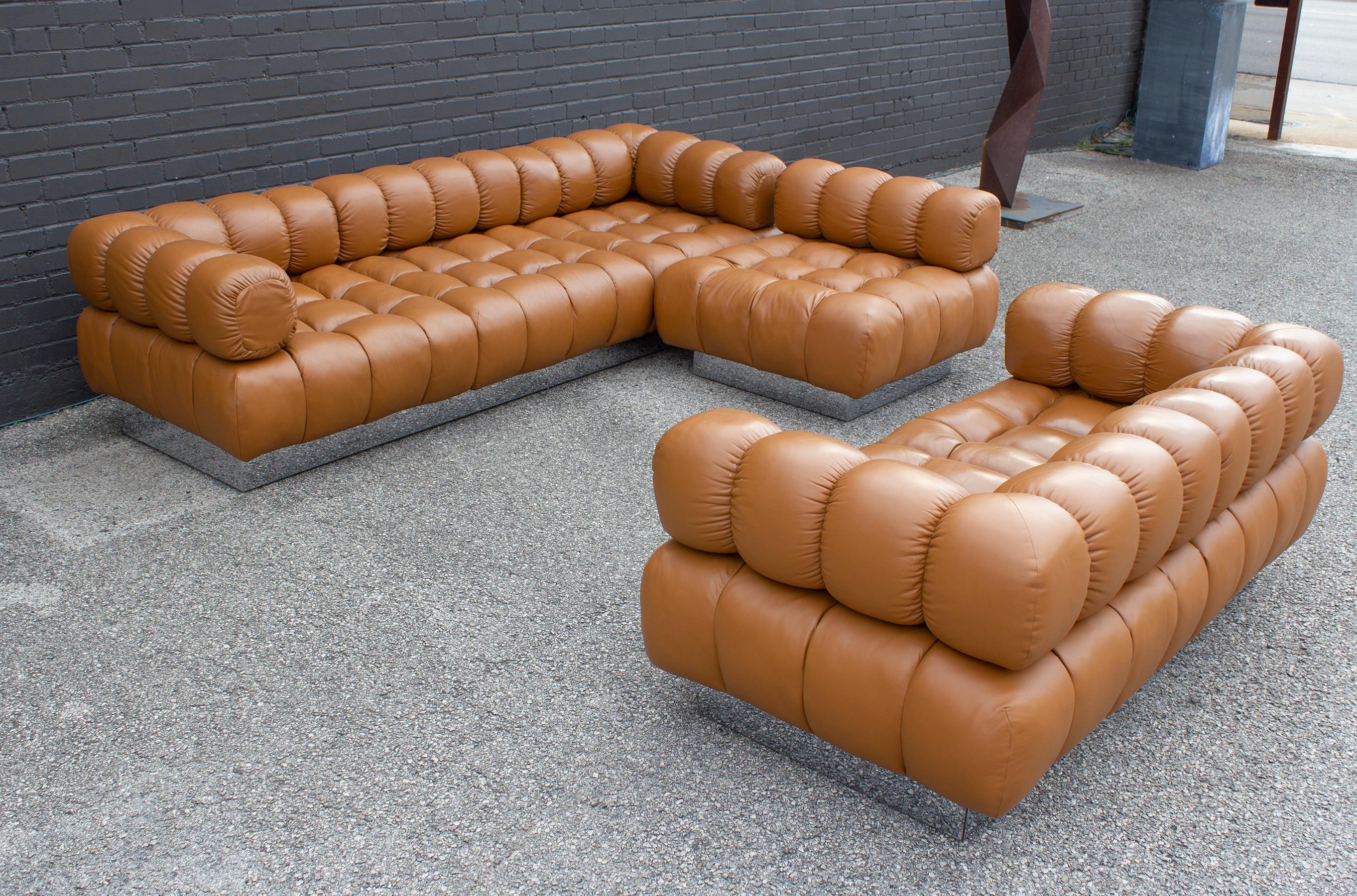 Harvey Probber Sectional Sofa in Cognac Leather 1970s Modular Deep Tuft Series 2