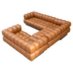 Canapé sectionnel Harvey Probber en cuir cognac, série modulaire Deep Tuft des années 1970