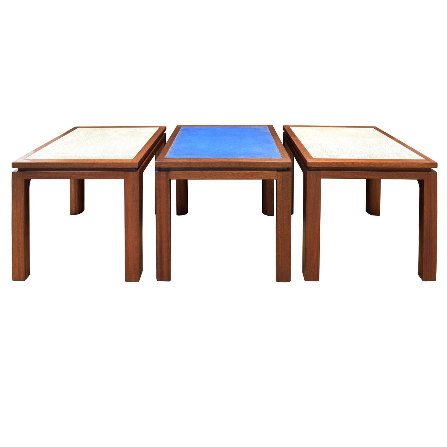 Set of 3 coffee tables model No 1145 in mahogany with hand fired white and blue 