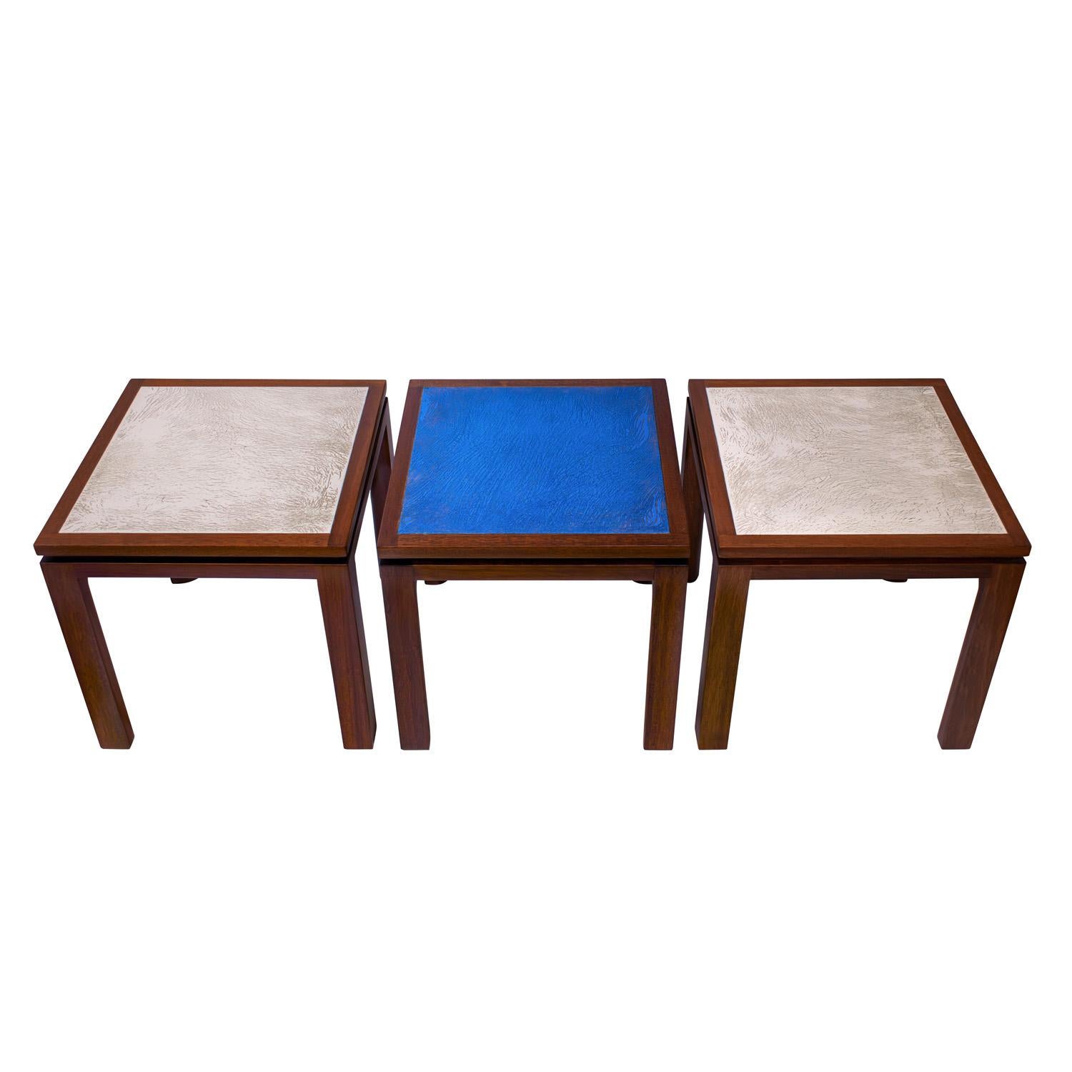 Set of 3 coffee tables model No 1145 in mahogany with hand fired white and blue 