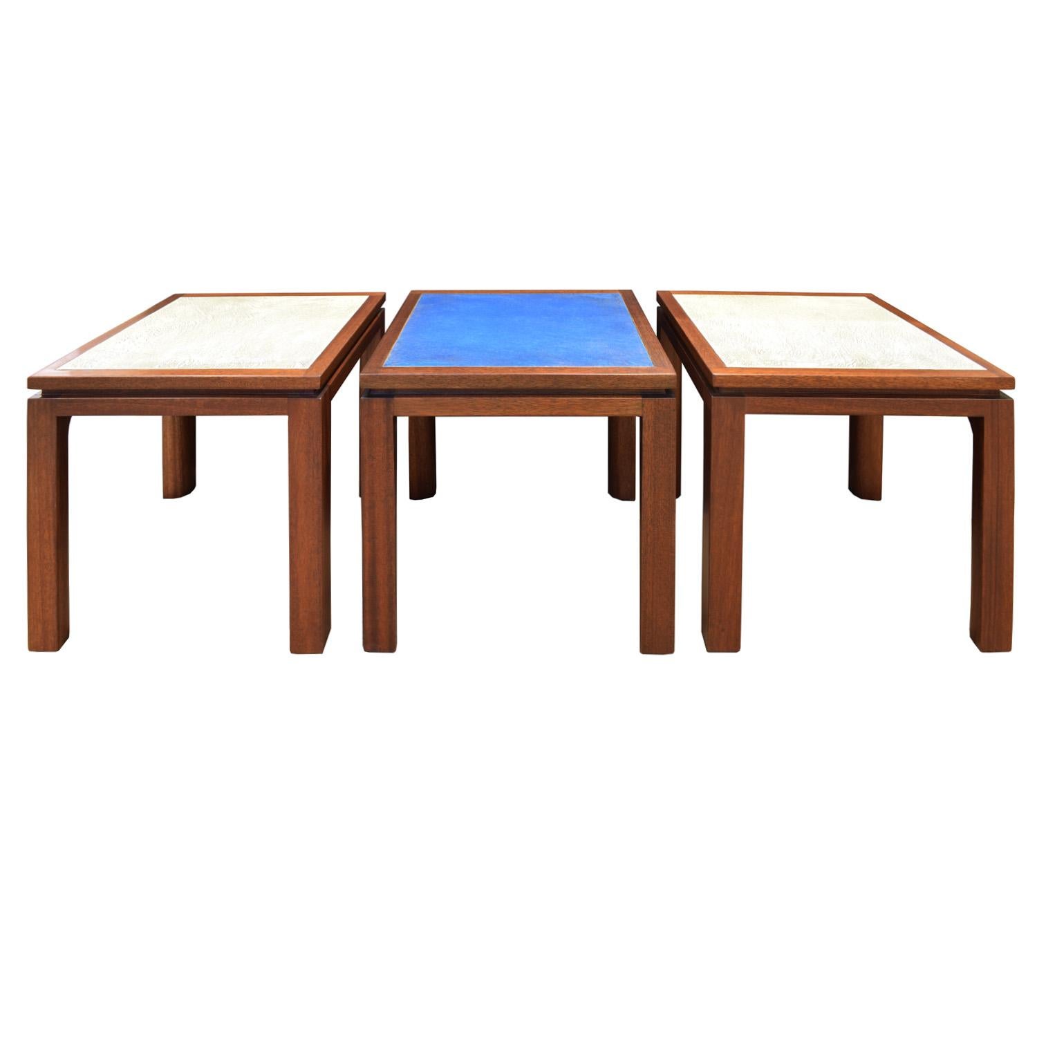 Set of 3 coffee/side tables model No 1145 in mahogany with hand fired white and blue 