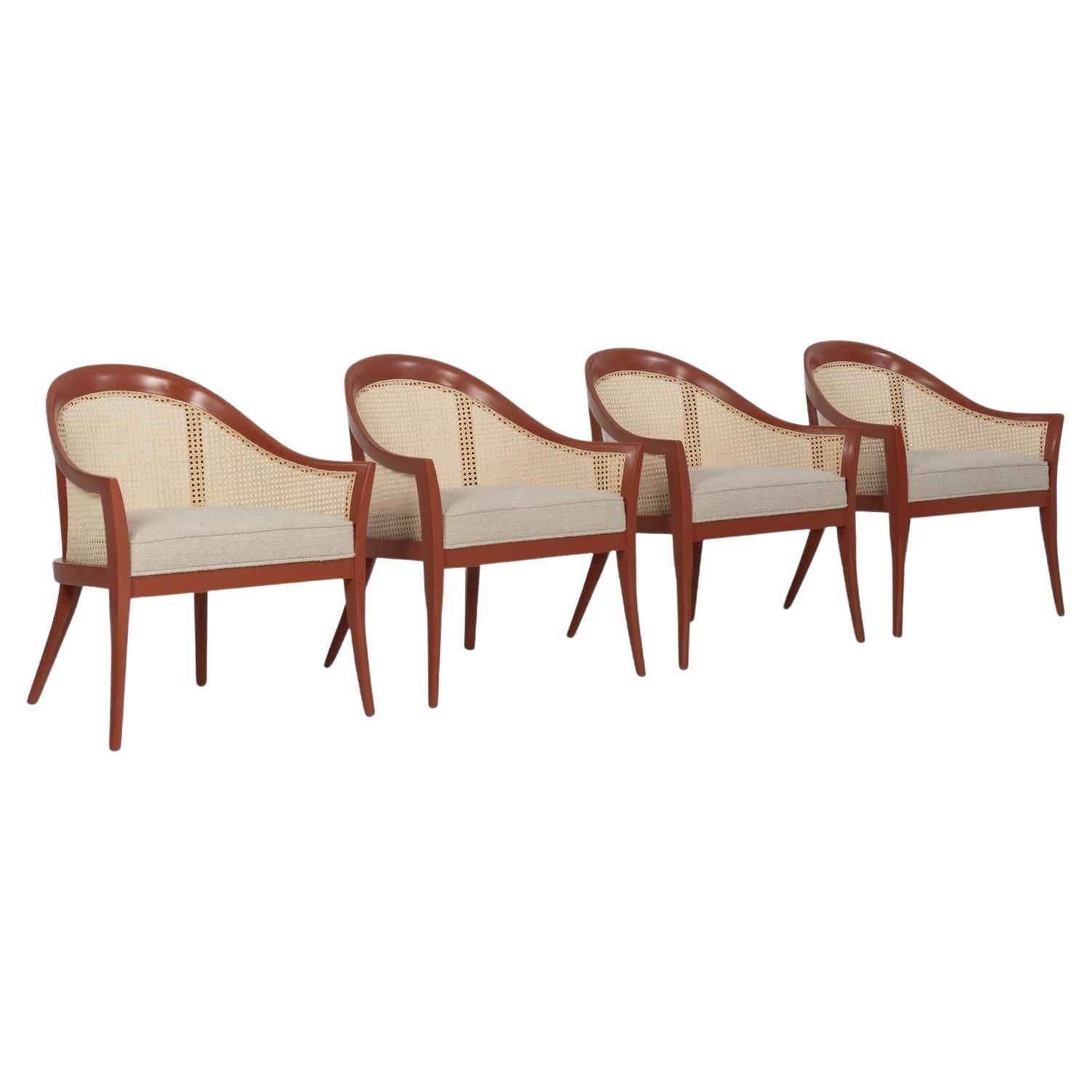 Harvey Probber Set of Four Occasional Chairs, Salmon Lacquer 
Cane, 1960c For Sale