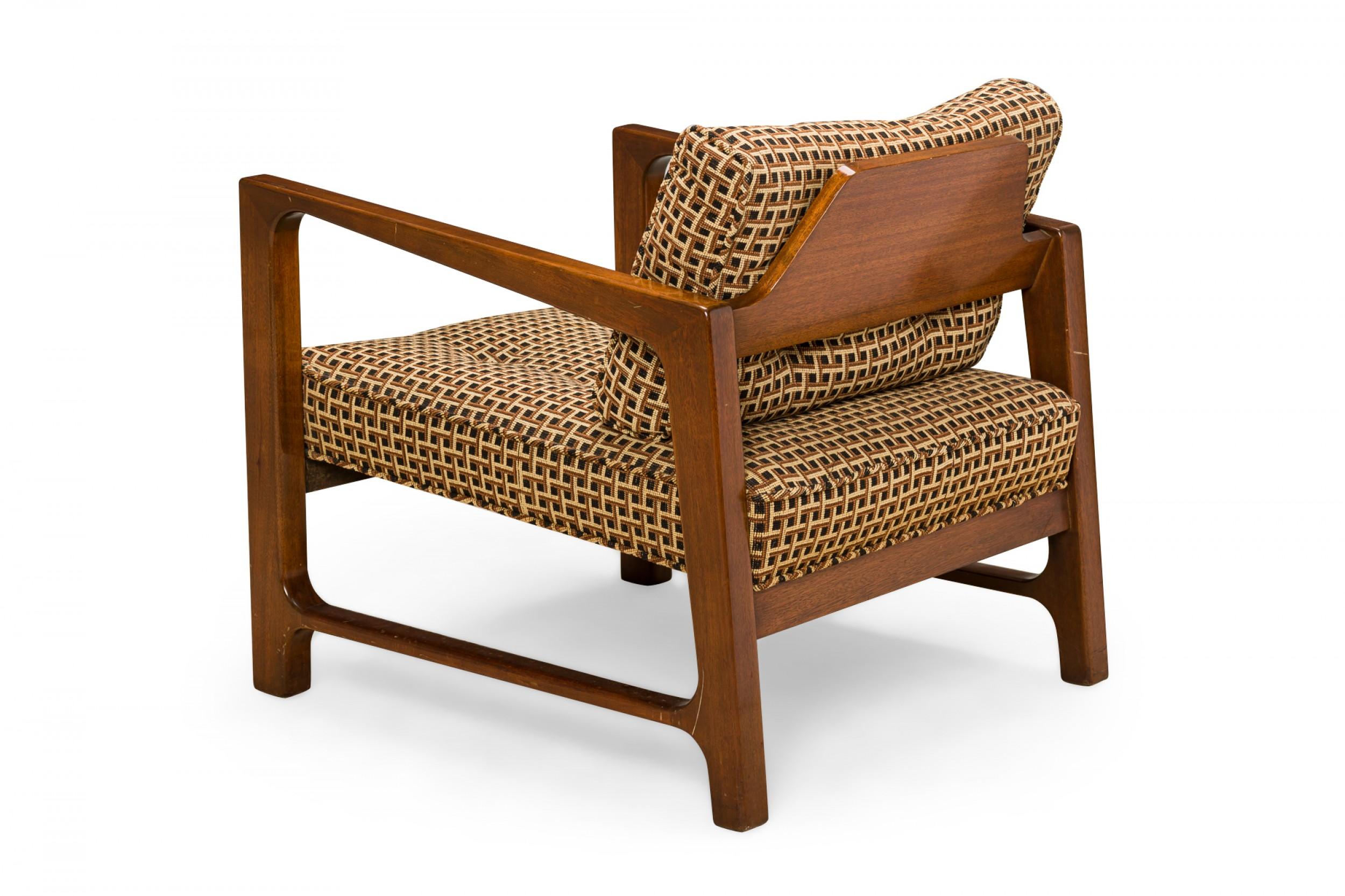 American Harvey Probber Shaped Walnut and Geometric Brown Upholstered Lounge Armchair For Sale
