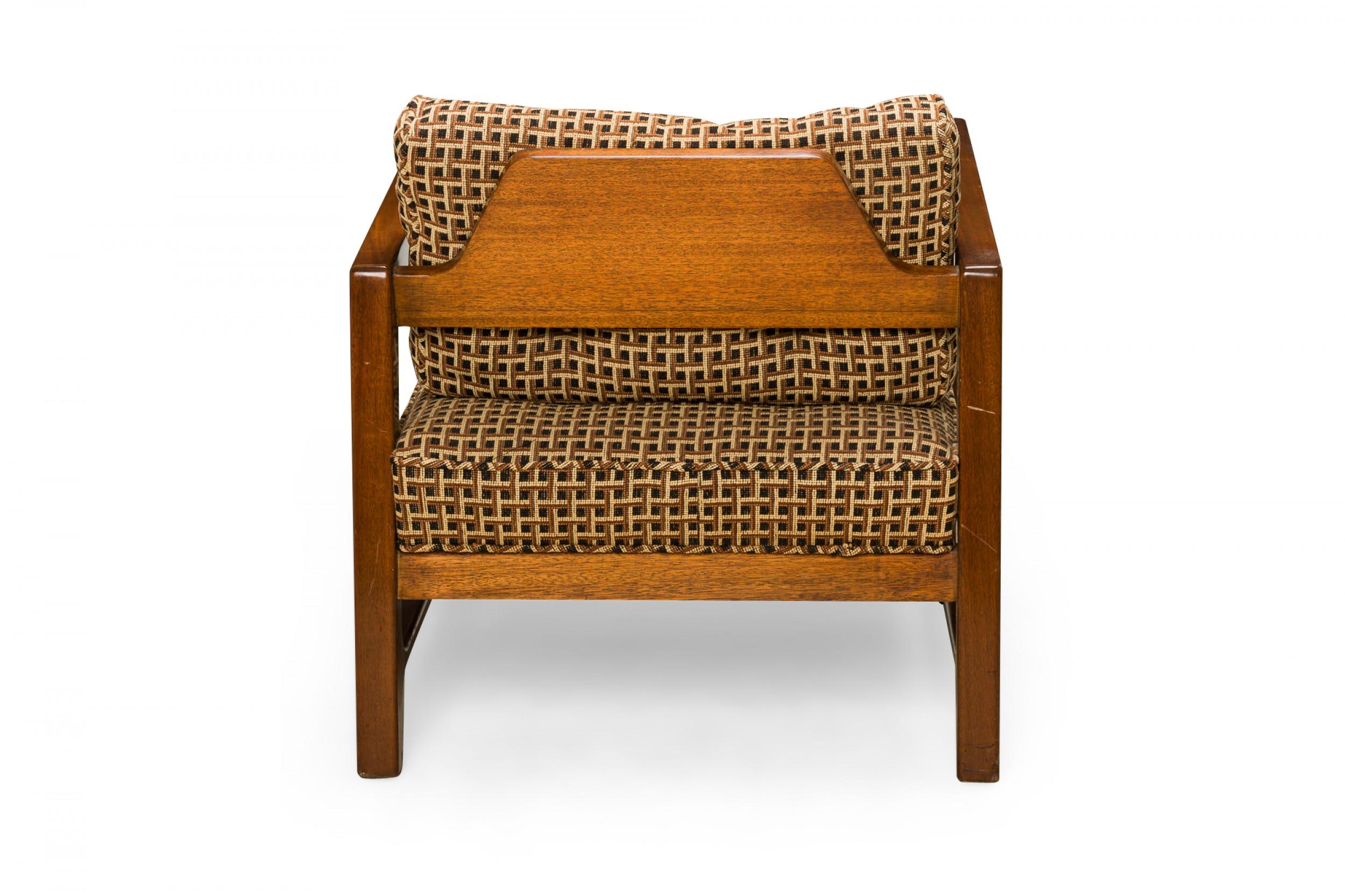 Harvey Probber Shaped Walnut and Geometric Brown Upholstered Lounge Armchair In Good Condition For Sale In New York, NY