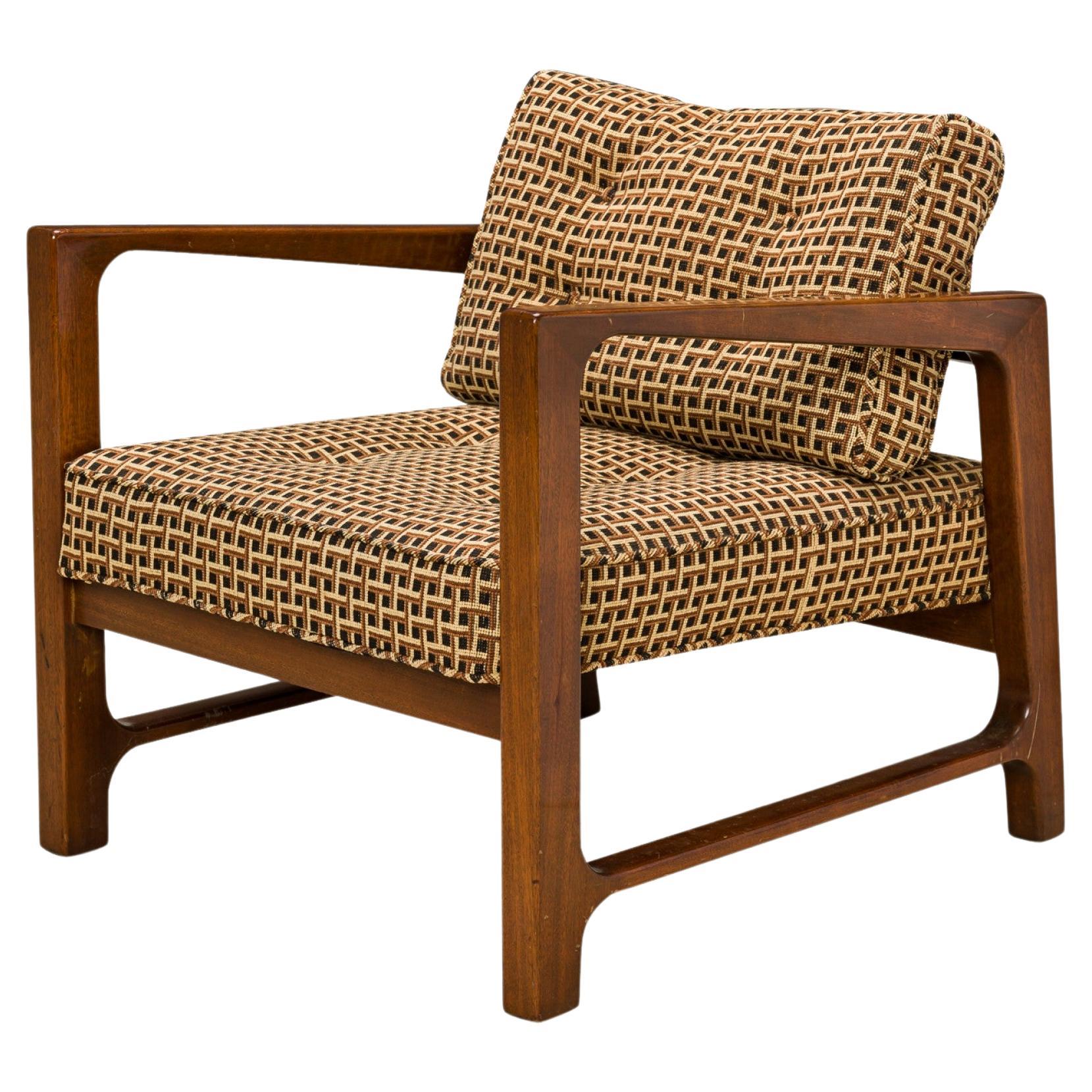 Harvey Probber Shaped Walnut and Geometric Brown Upholstered Lounge Armchair For Sale