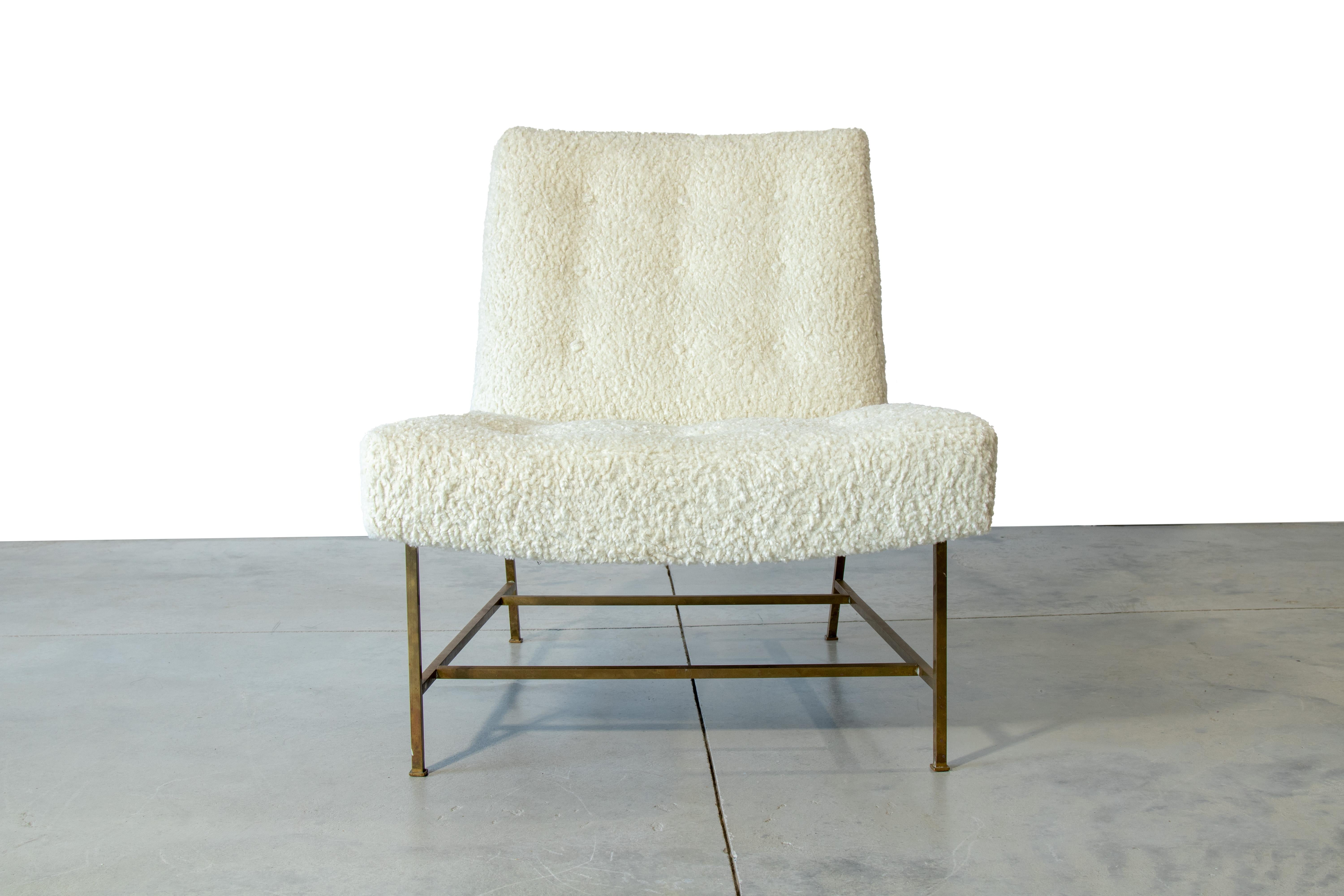 Mid-20th Century Harvey Probber Slipper Chair White Boucle Solid Brass Legs Mid-Century Modern