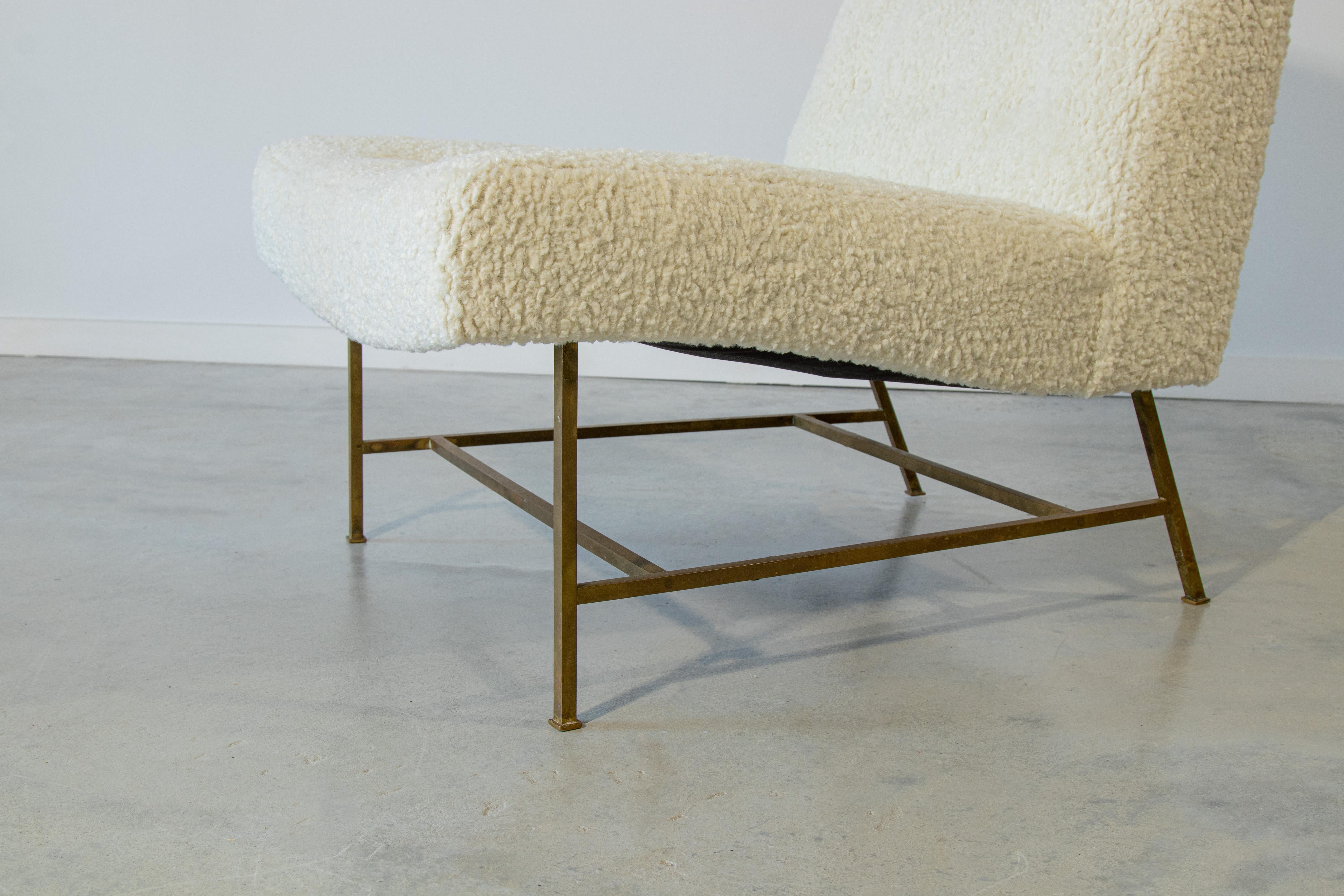 Harvey Probber Slipper Chair White Boucle Solid Brass Legs Mid-Century Modern 1