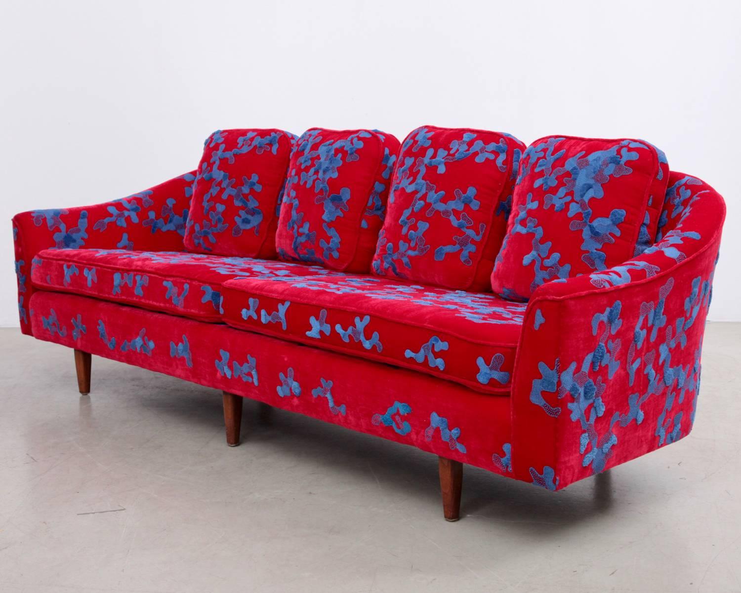 Mid-Century Modern Red and Blue Harvey Probber Sofa with Jupe by Jackie Hand Embroidered Fabric For Sale