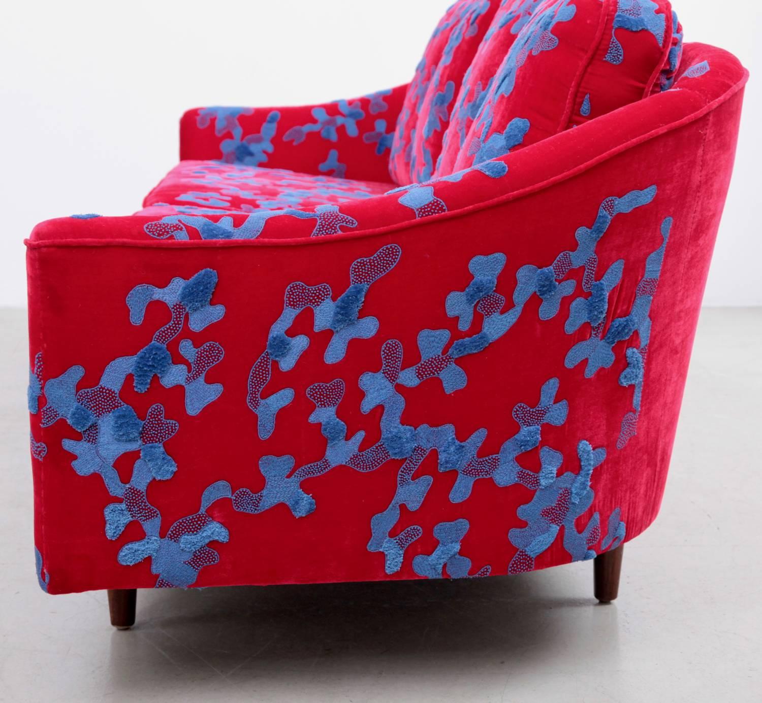 American Red and Blue Harvey Probber Sofa with Jupe by Jackie Hand Embroidered Fabric For Sale