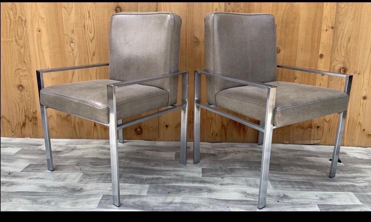 Harvey Probber Style Aluminum Armchairs Newly Upholstered in Leather, Pair In Good Condition For Sale In Chicago, IL