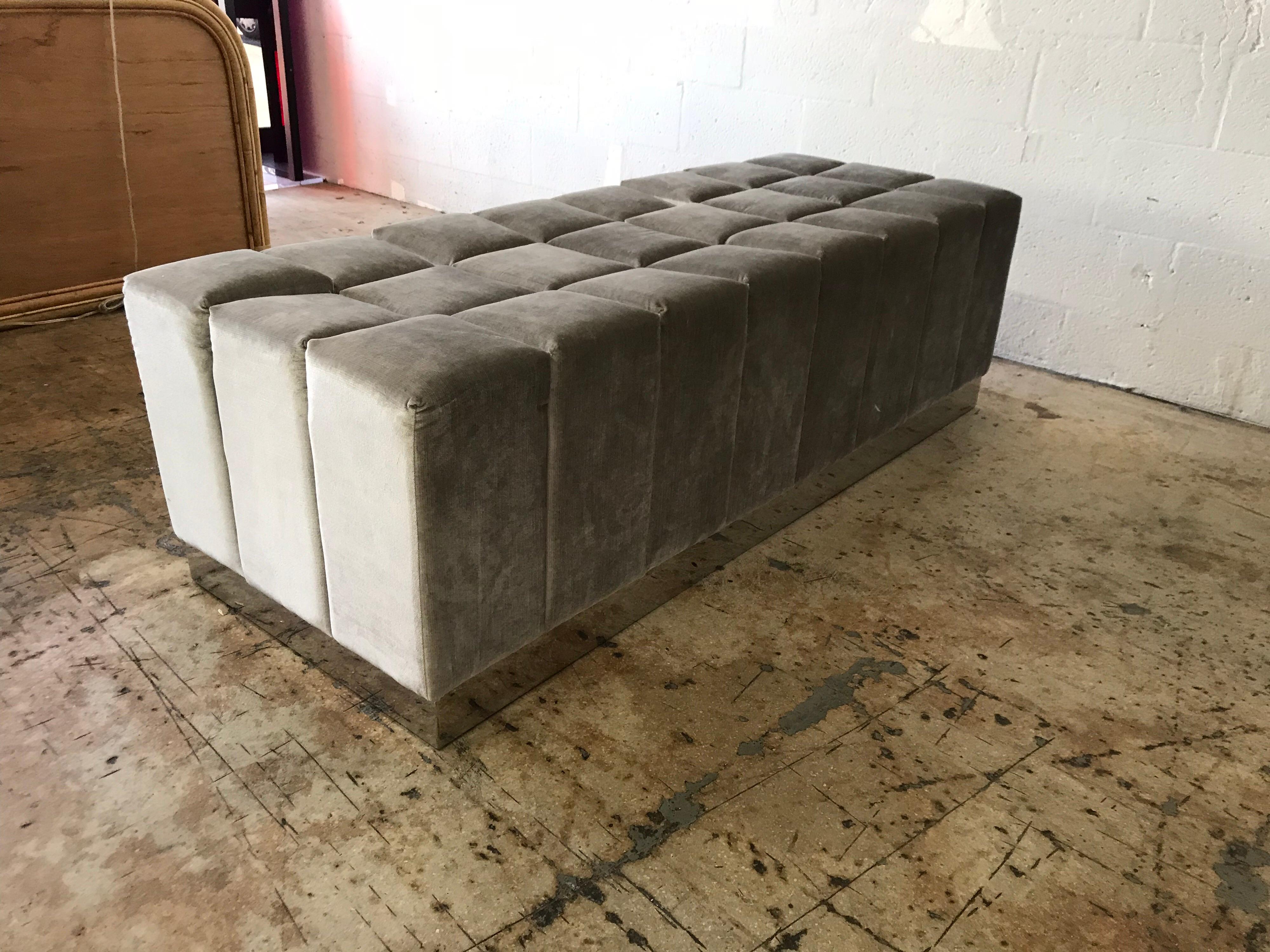 Harvey Probber Style Biscuit Tufted Grey Velvet and Steel Bench or Ottoman In Good Condition In Miami, FL