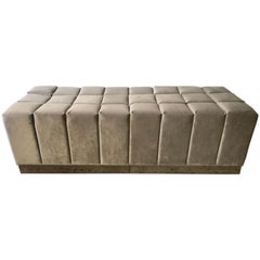 Harvey Probber Style Biscuit Tufted Grey Velvet and Steel Bench or Ottoman
