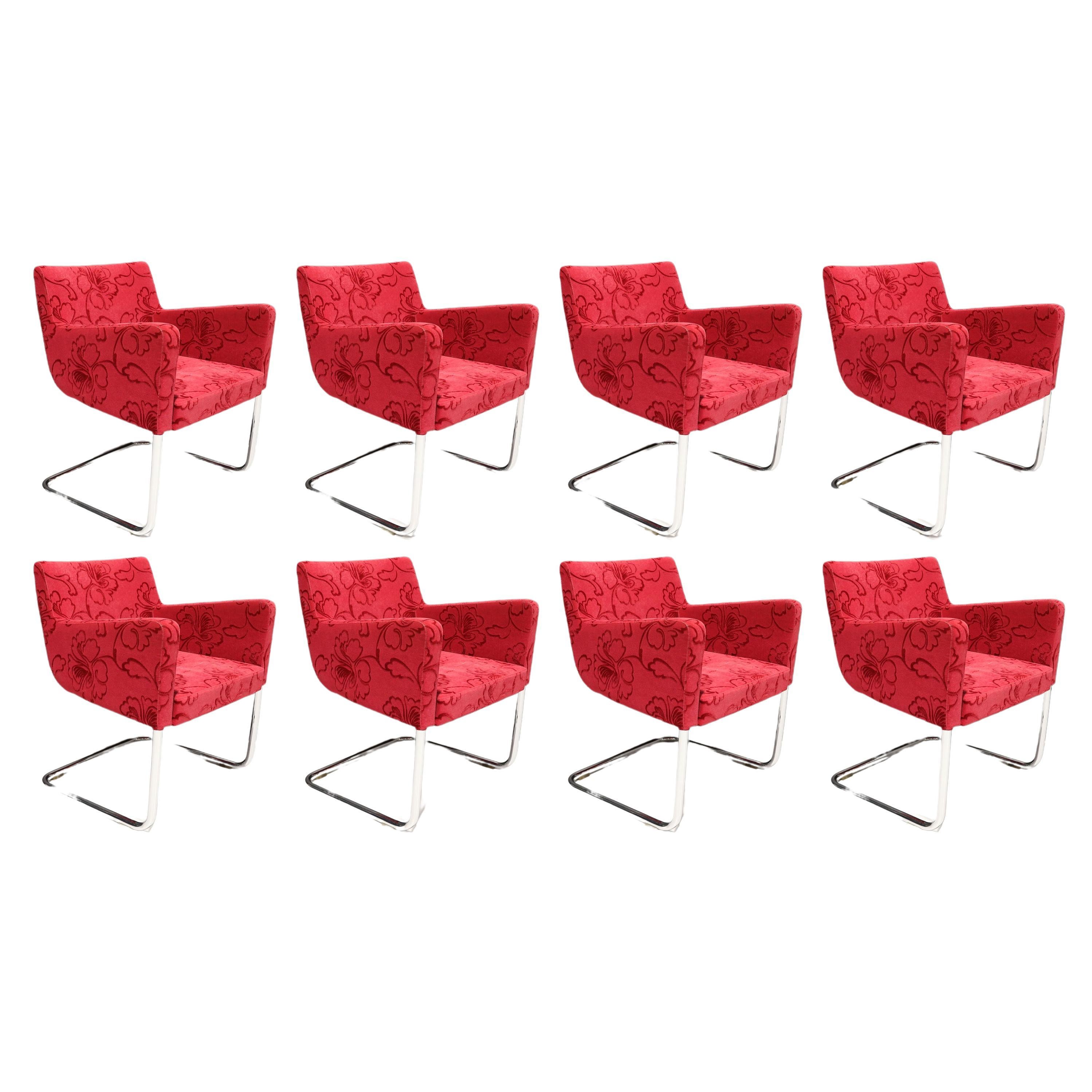 Harvey Probber Style Cantilevered Dining Chair in Red Velvet For Sale