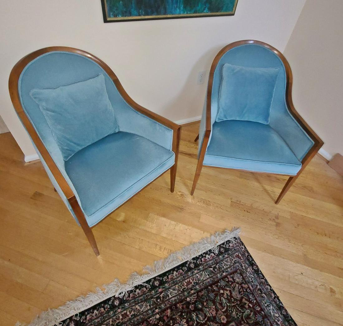 Vintage modern club chairs in the style of Harvey Probber featured in blue upholstery and a walnut wood frame.

Please confirm item location (NY or NJ).