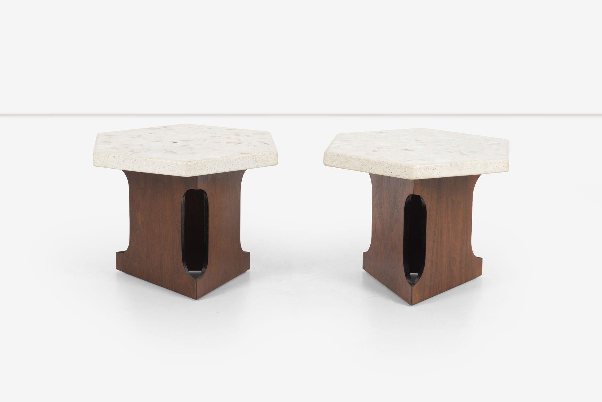 Harvey Probber Style End Tables Terazzo Hexagonal Tops with oiled walnut base with vertical cutouts design details.
