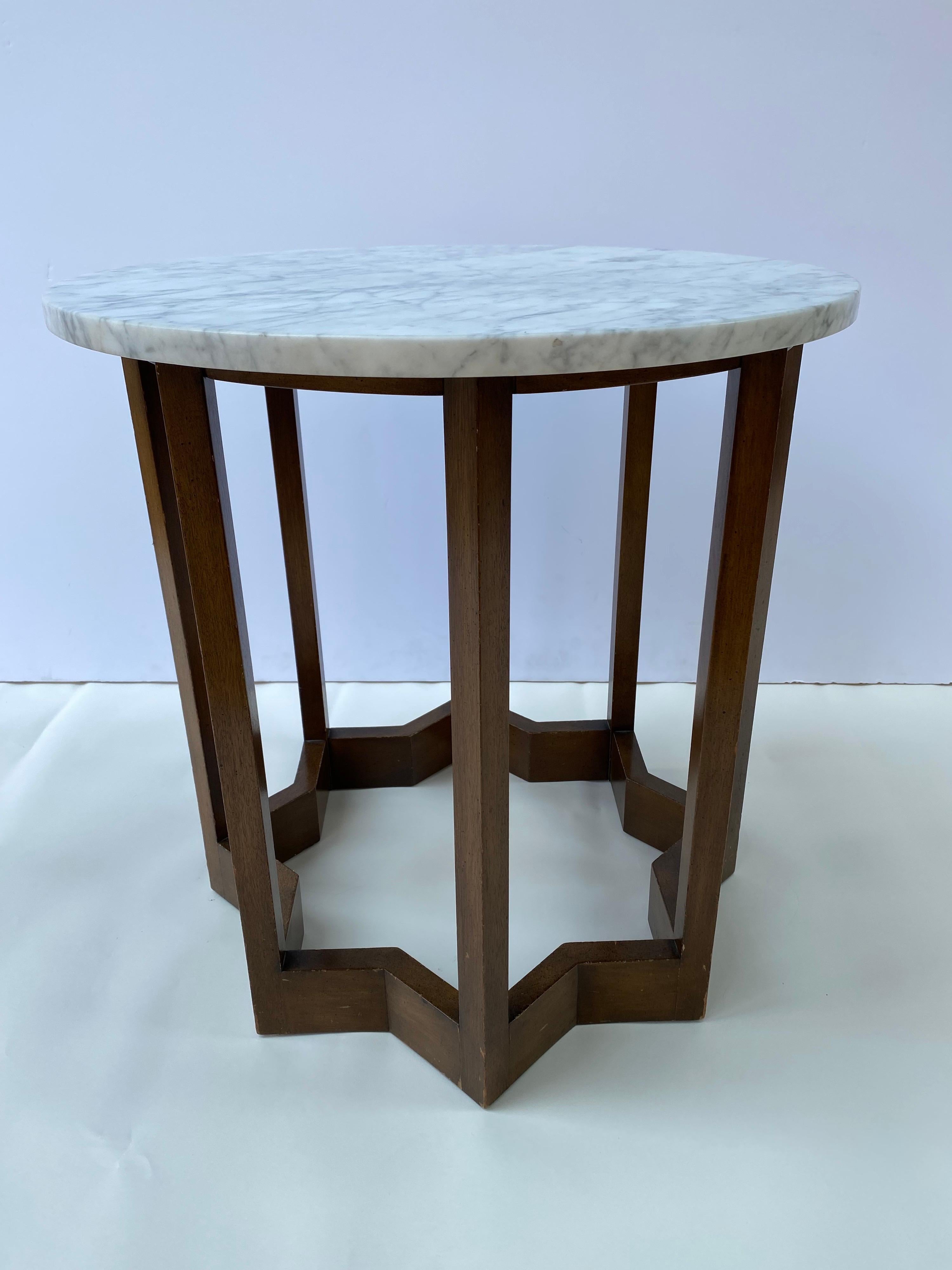 Harvey Probber Inspired Walnut Round Marble Table with a zig zag base. Very Sculptural and Interesting Base Design.