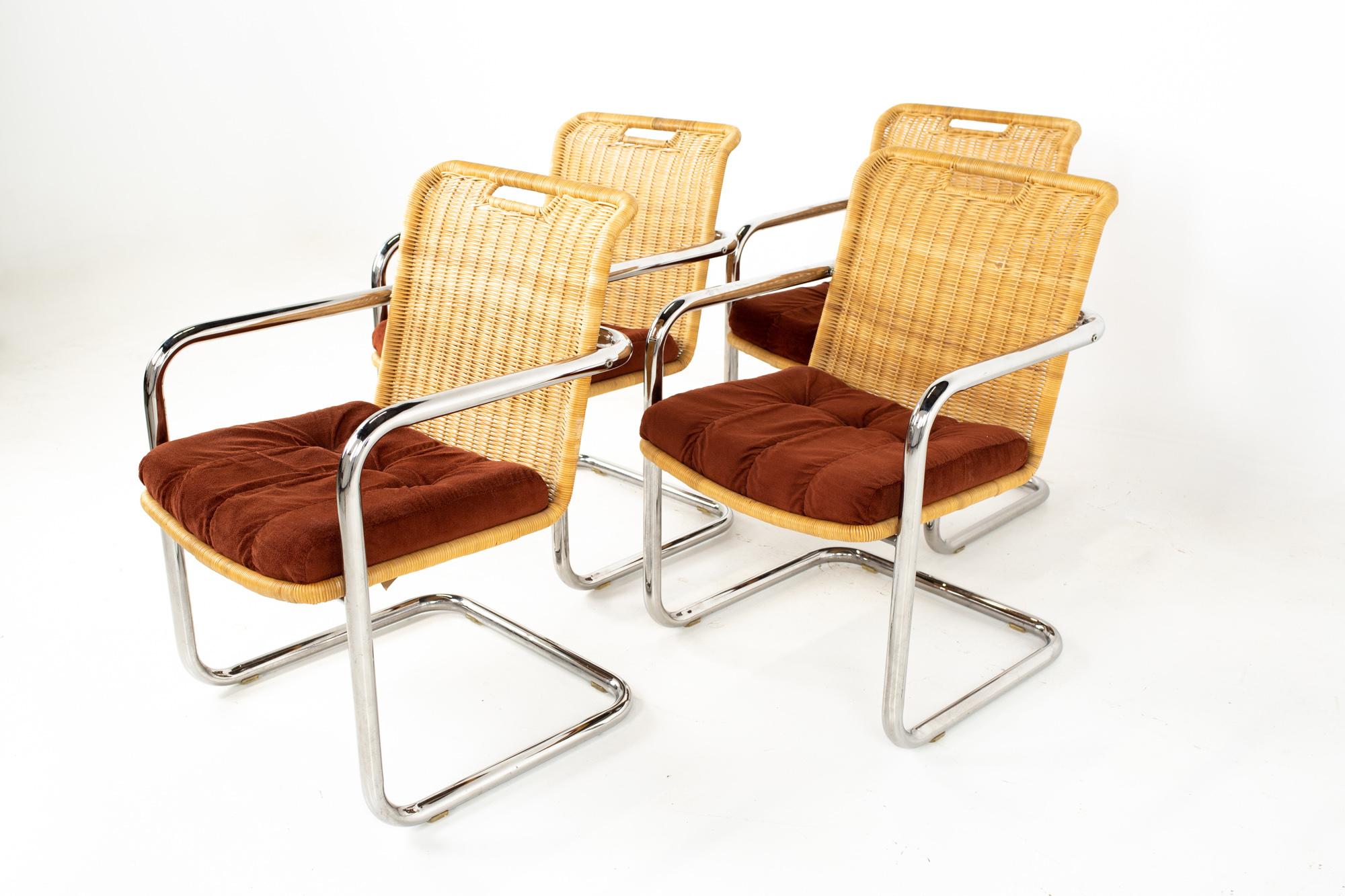 Harvey Probber style mid century cane and chrome dining chairs - set of 4
Each chair measures: 22.5 wide x 23.5 deep x 33.25 high. with a seat height of 18.5 inches

All pieces of furniture can be had in what we call restored vintage condition.