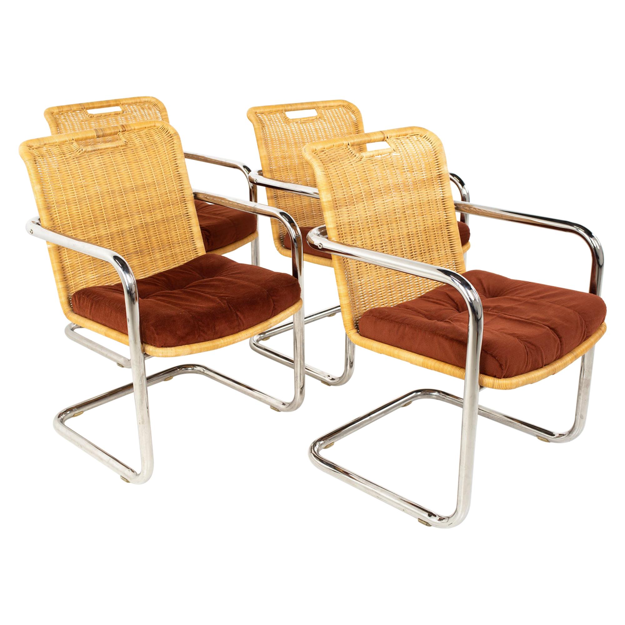 Harvey Probber Style Mid Century Cane and Chrome Dining Chairs - Set of 4