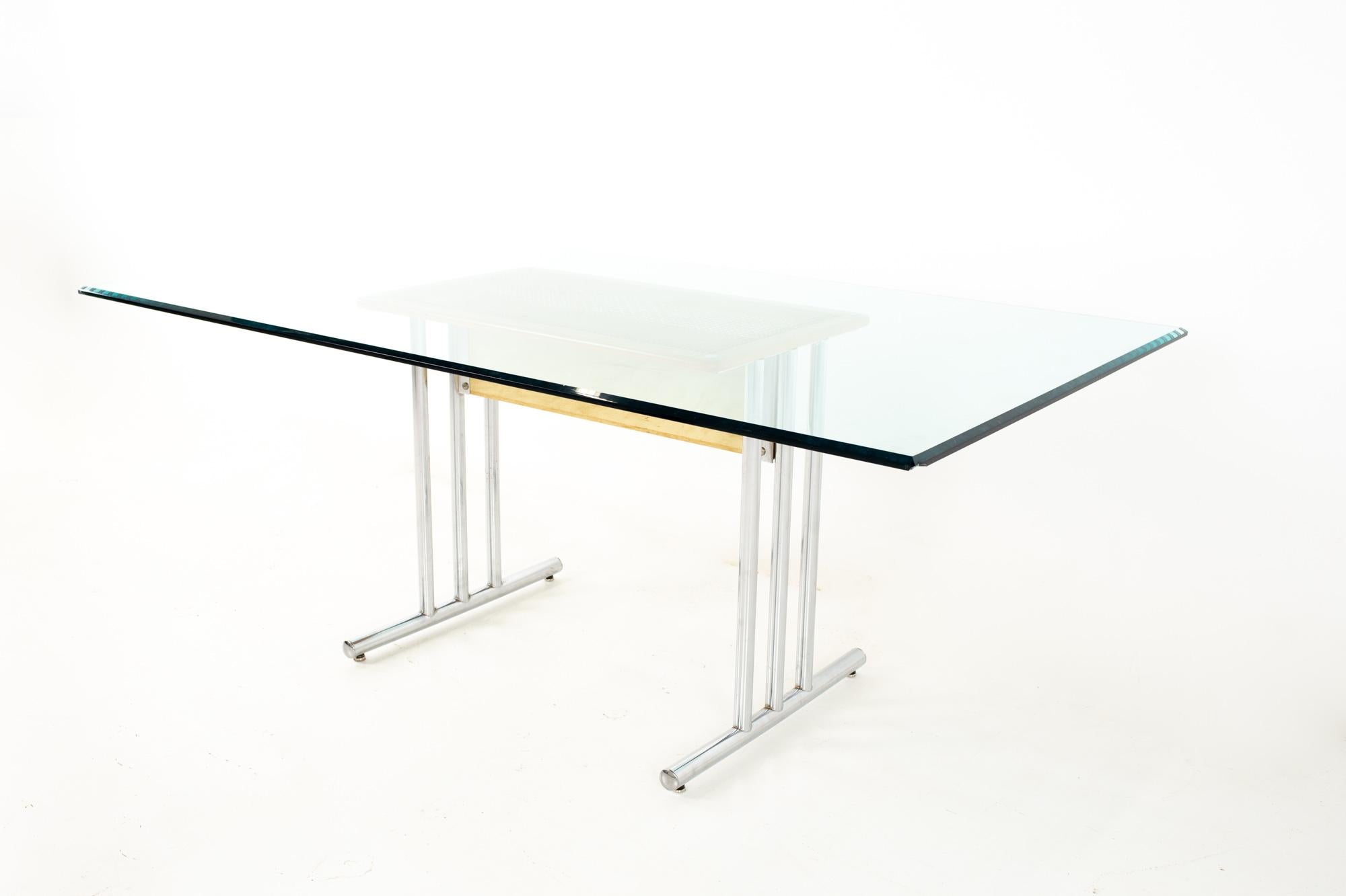Harvey Probber style mid century glass and chrome and cane dining table
Table measures: 72 wide x 40.25 deep x 29.25 inches high

All pieces of furniture can be had in what we call restored vintage condition. That means the piece is restored upon