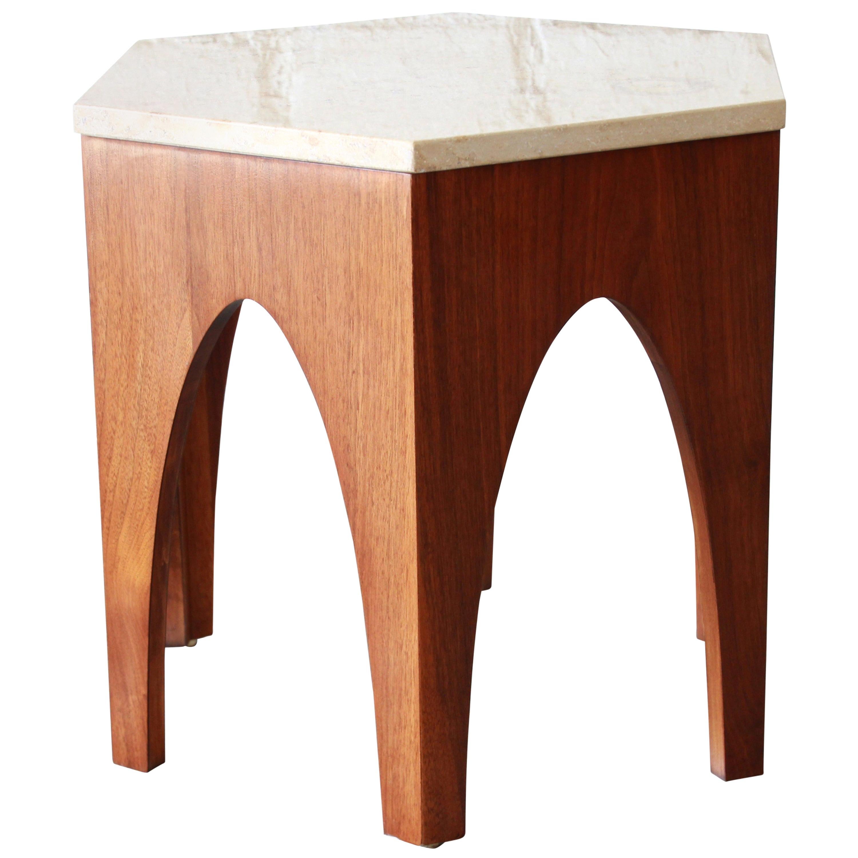 Harvey Probber Style Midcentury Walnut and Travertine Hexagonal Side Table