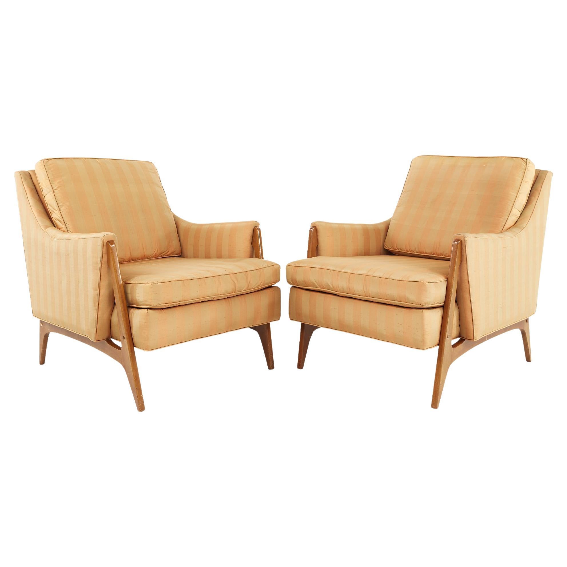 Harvey Probber Style Mid-Century Walnut Lounge Chairs, a Pair
