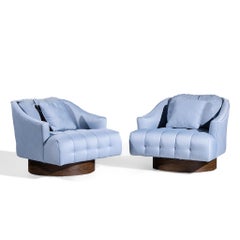 Harvey Probber Style Mid Century Walnut Swivel Lounge Chairs - Pair