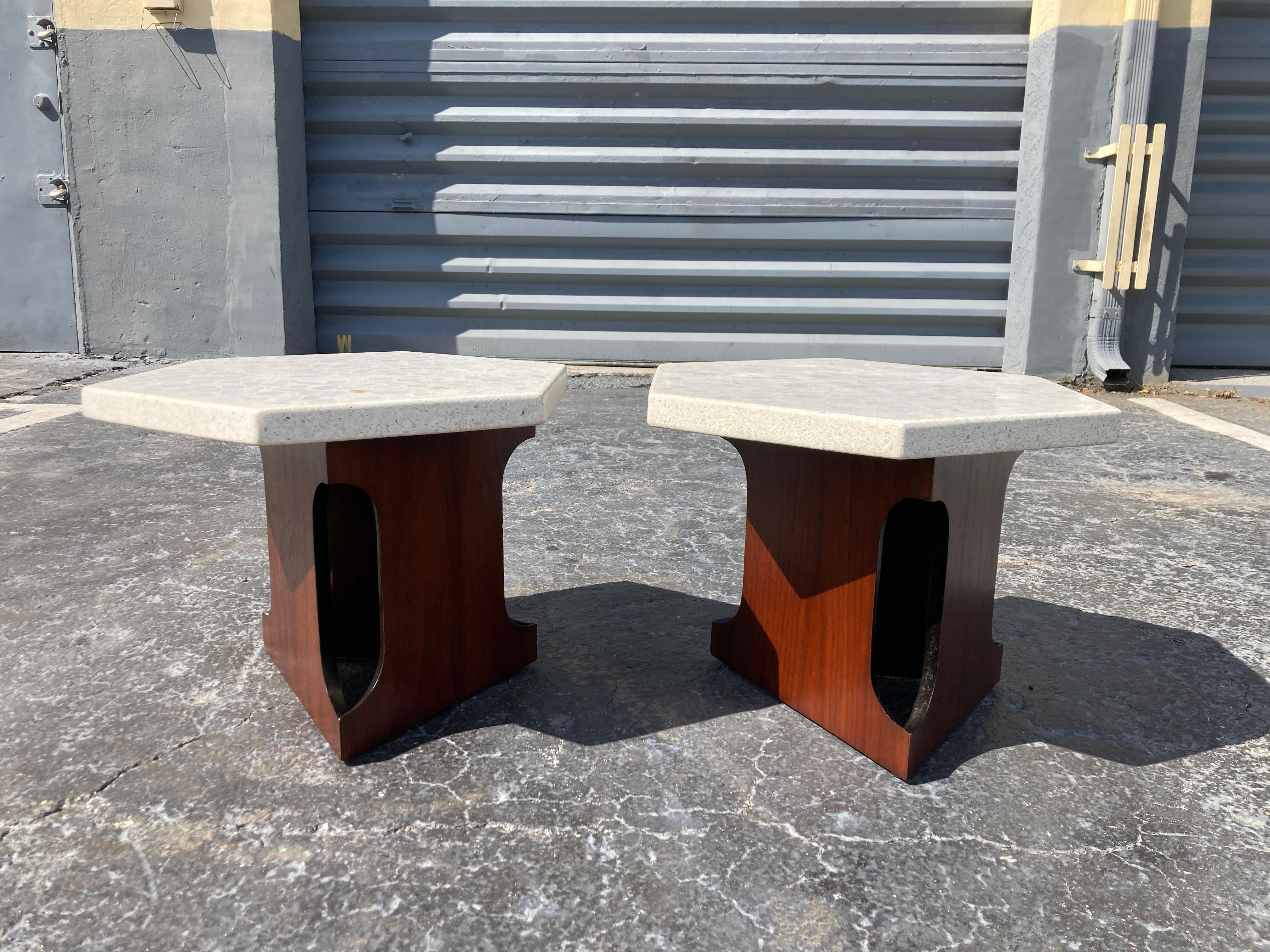 American Harvey Probber Style Side Tables Hexagonal Terazzo Tops For Sale