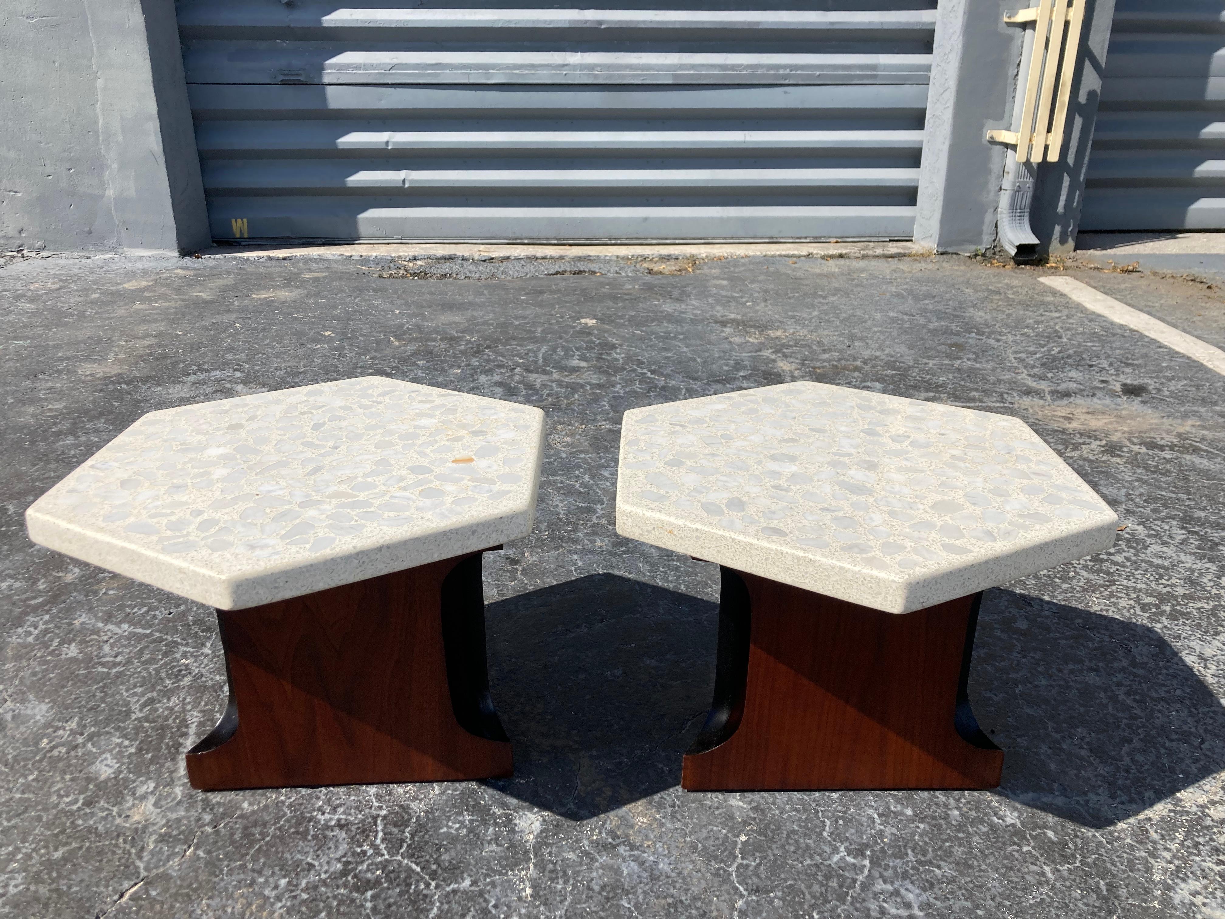 Mid-20th Century Harvey Probber Style Side Tables Hexagonal Terazzo Tops For Sale