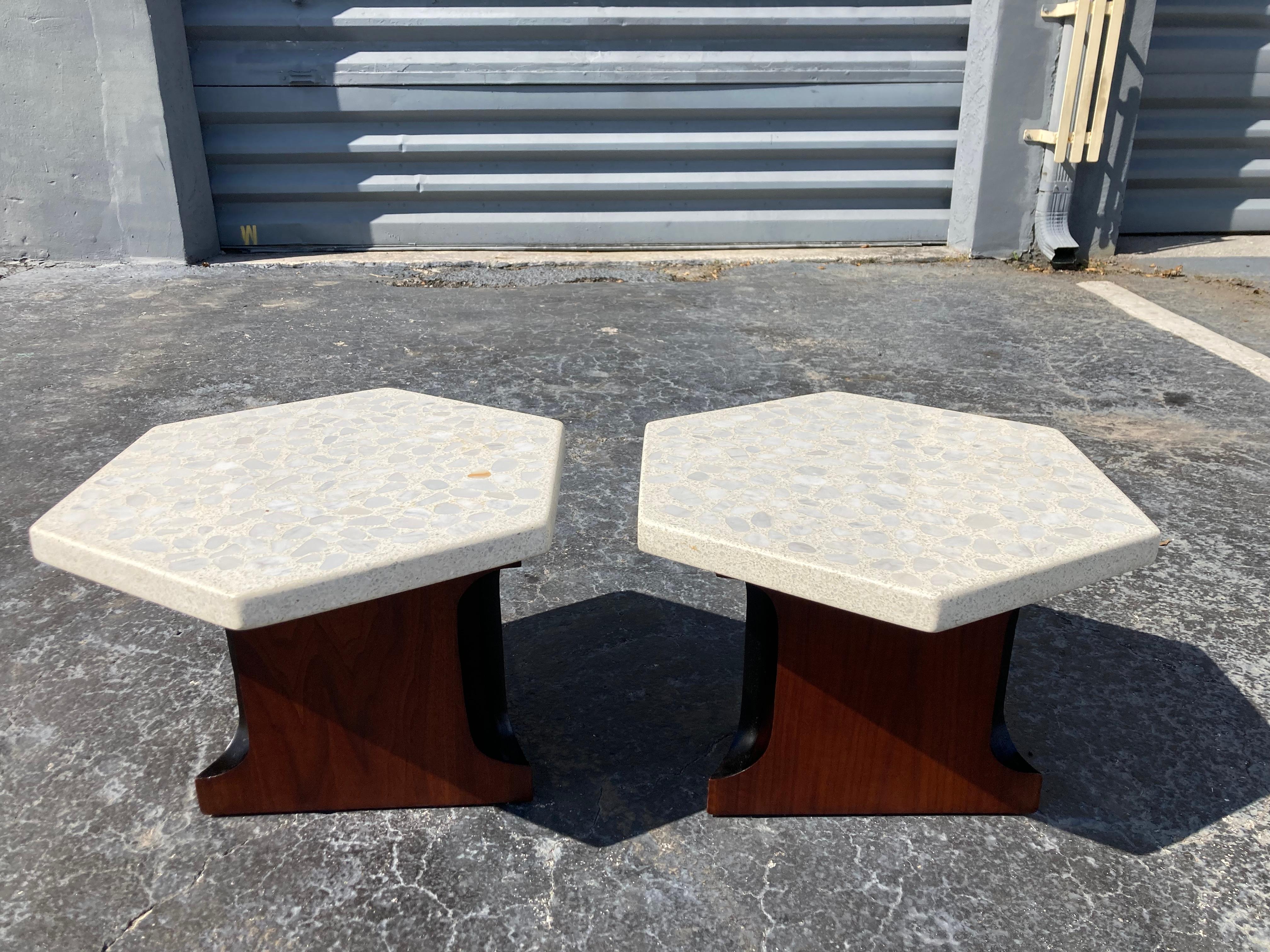Walnut Harvey Probber Style Side Tables Hexagonal Terazzo Tops For Sale