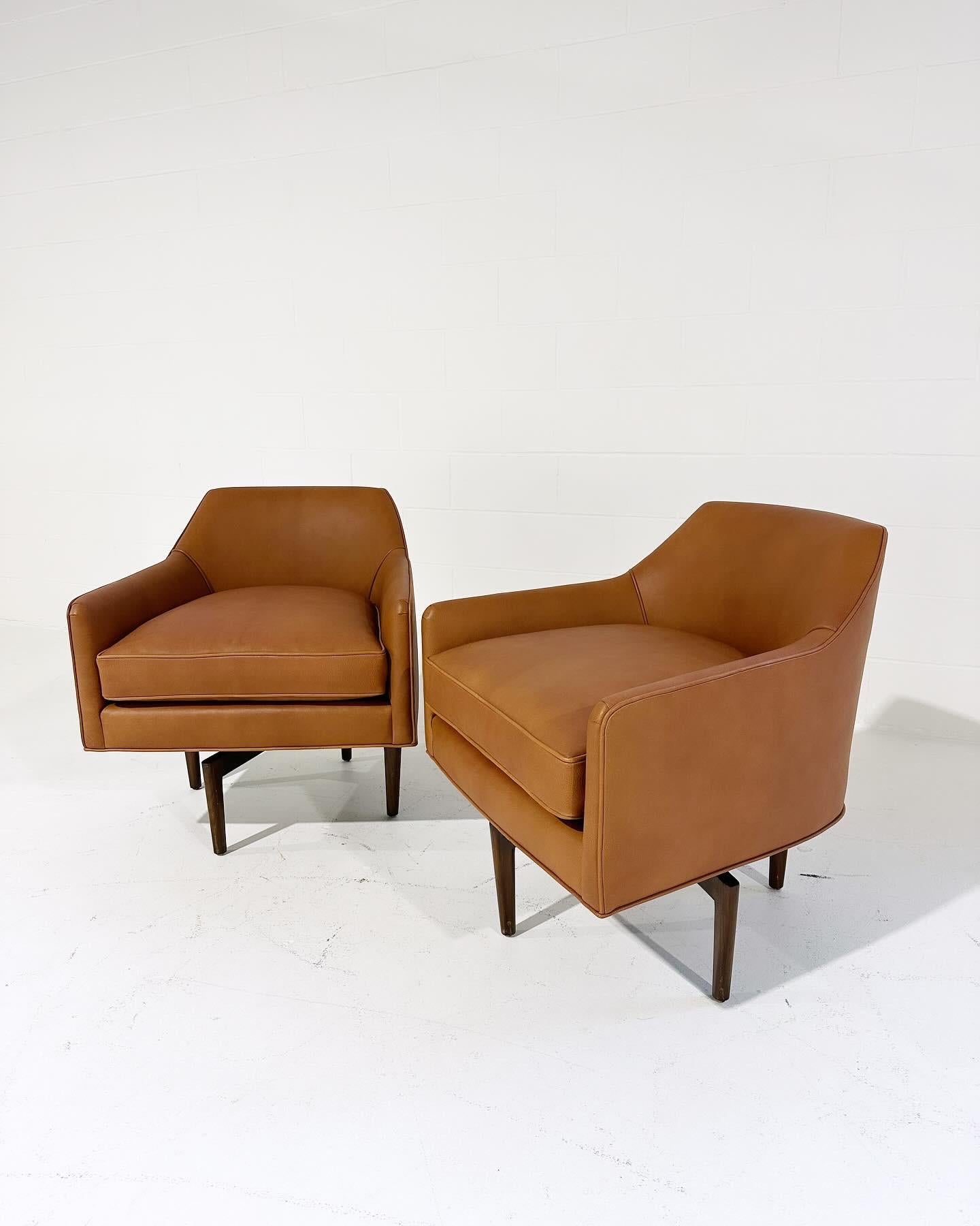 American Harvey Probber Style Swivel Chairs in Goatskin Leather, pair