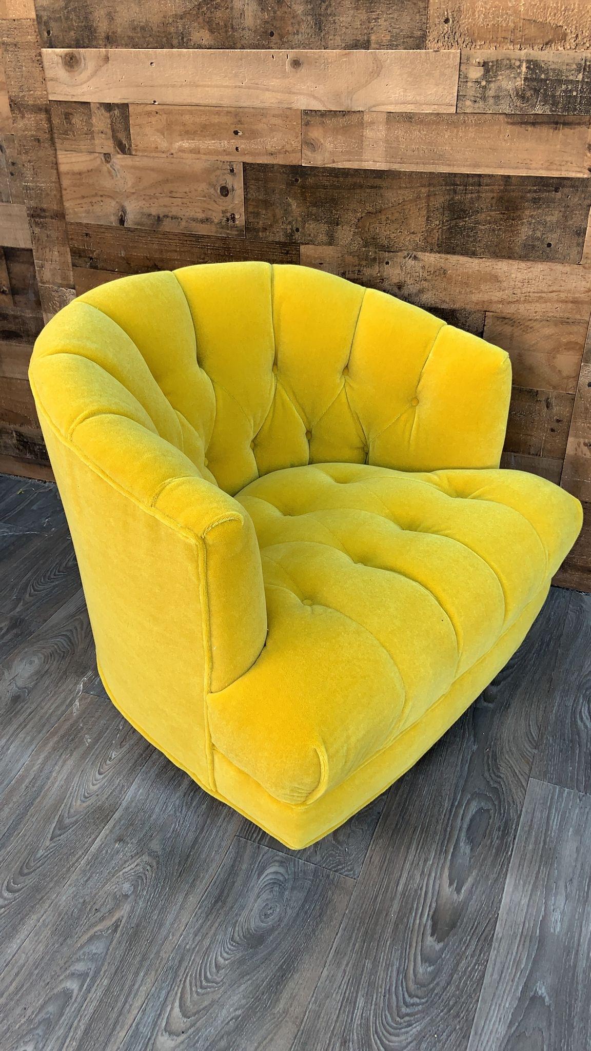 Harvey Probber Style Tufted Barrel Back Swivel Lounge Chair in Yellow Mohair For Sale 4