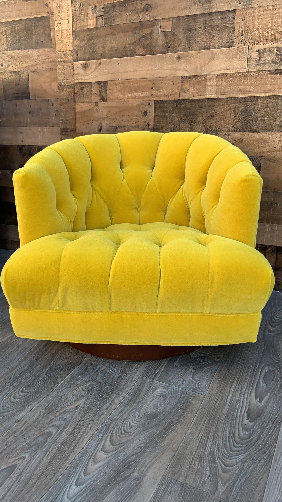 Late 20th Century Harvey Probber Style Tufted Barrel Back Swivel Lounge Chair in Yellow Mohair For Sale