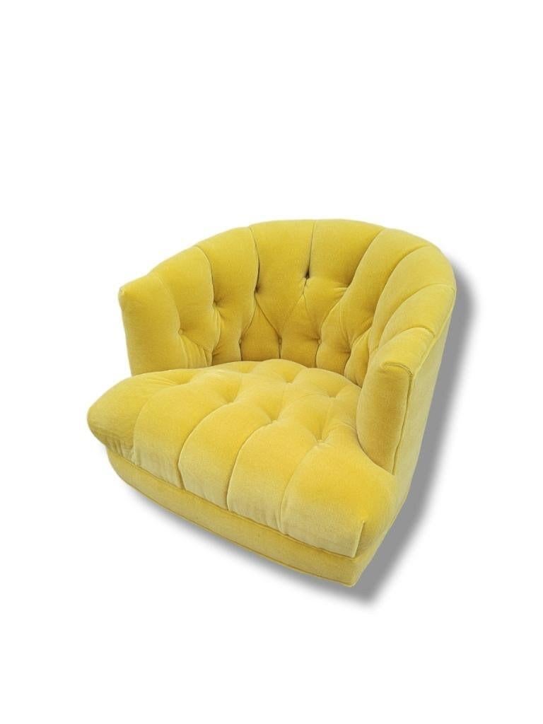 American Harvey Probber Style Tufted Barrel Back Swivel Lounge Chair in Yellow Mohair For Sale